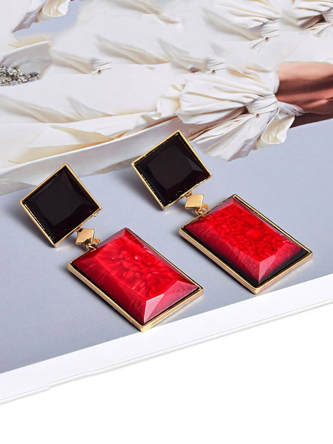Yellow Chimes Rose Gold-Plated Red & Black Geometric Drop Earrings