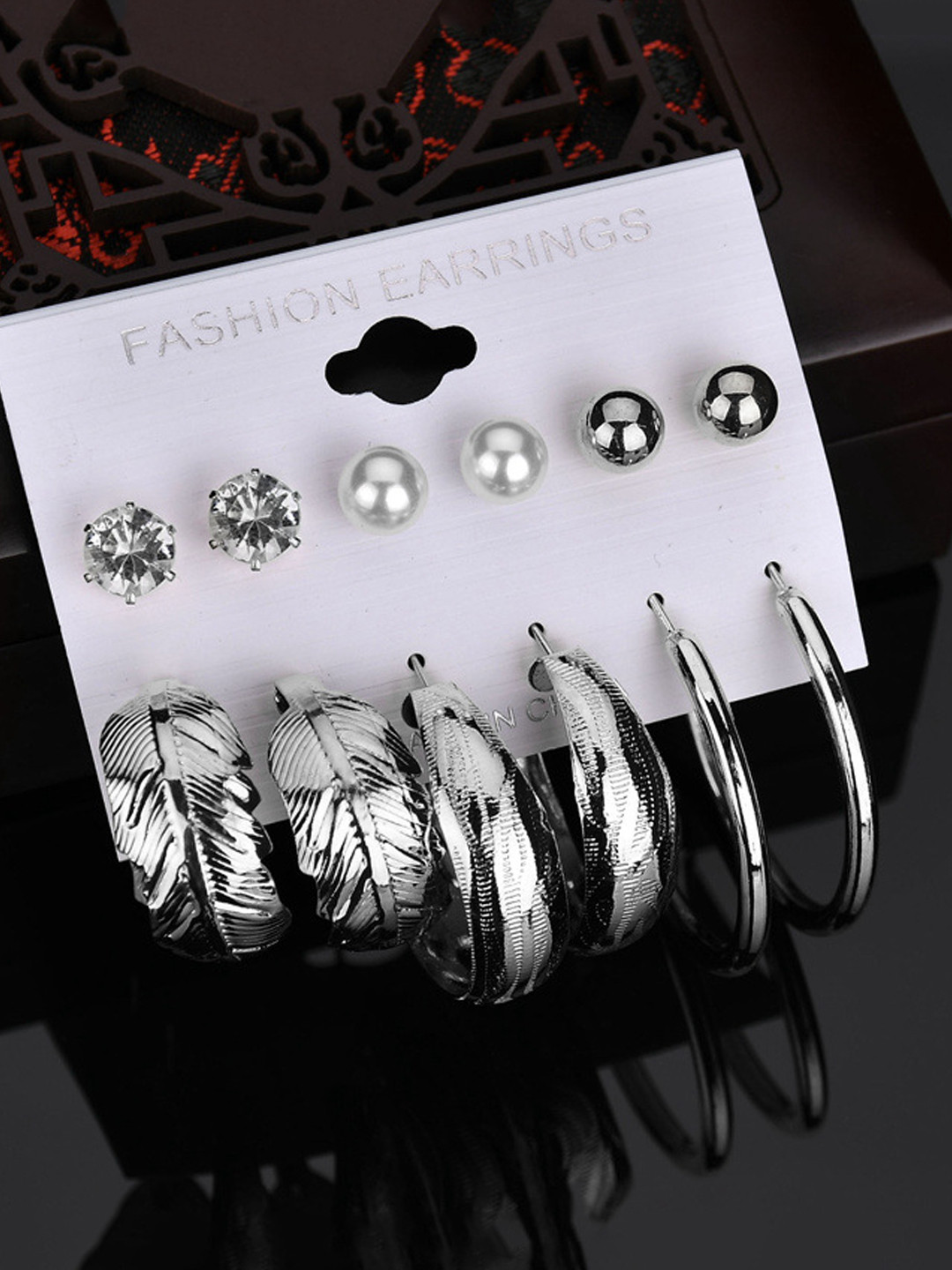 Yellow Chimes Set of 6 Silver-Toned Crystal Pearl Gold Plated Stud Hoop Earrings