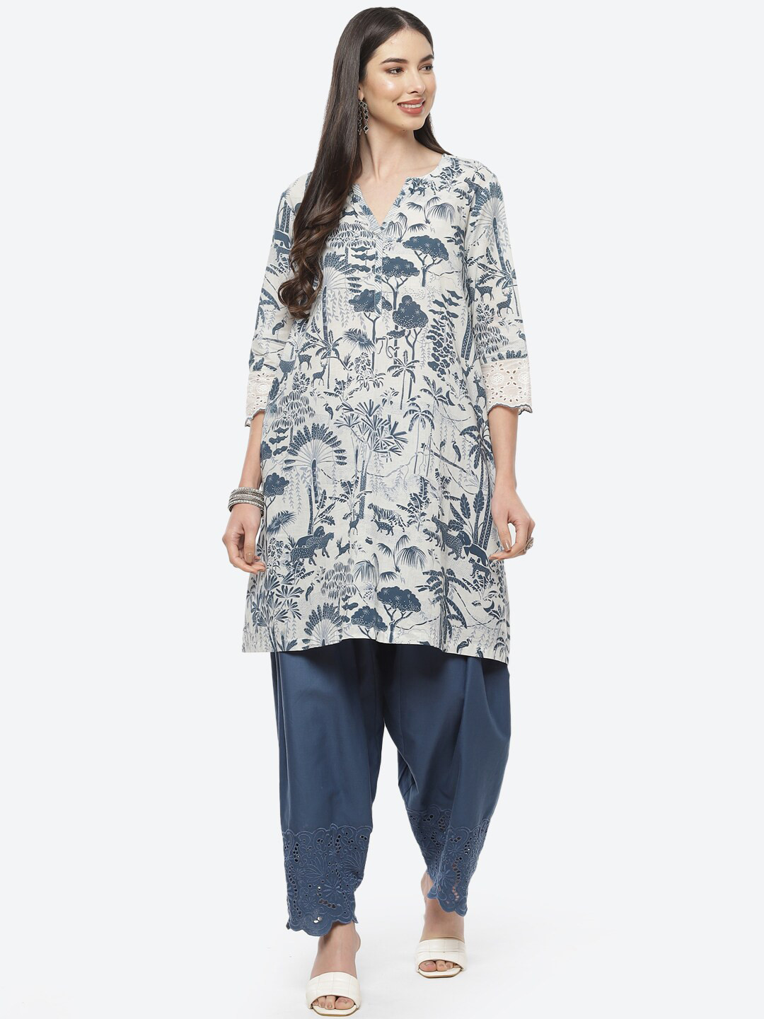Biba Women White Floral Printed Pure Cotton Kurta with Salwar