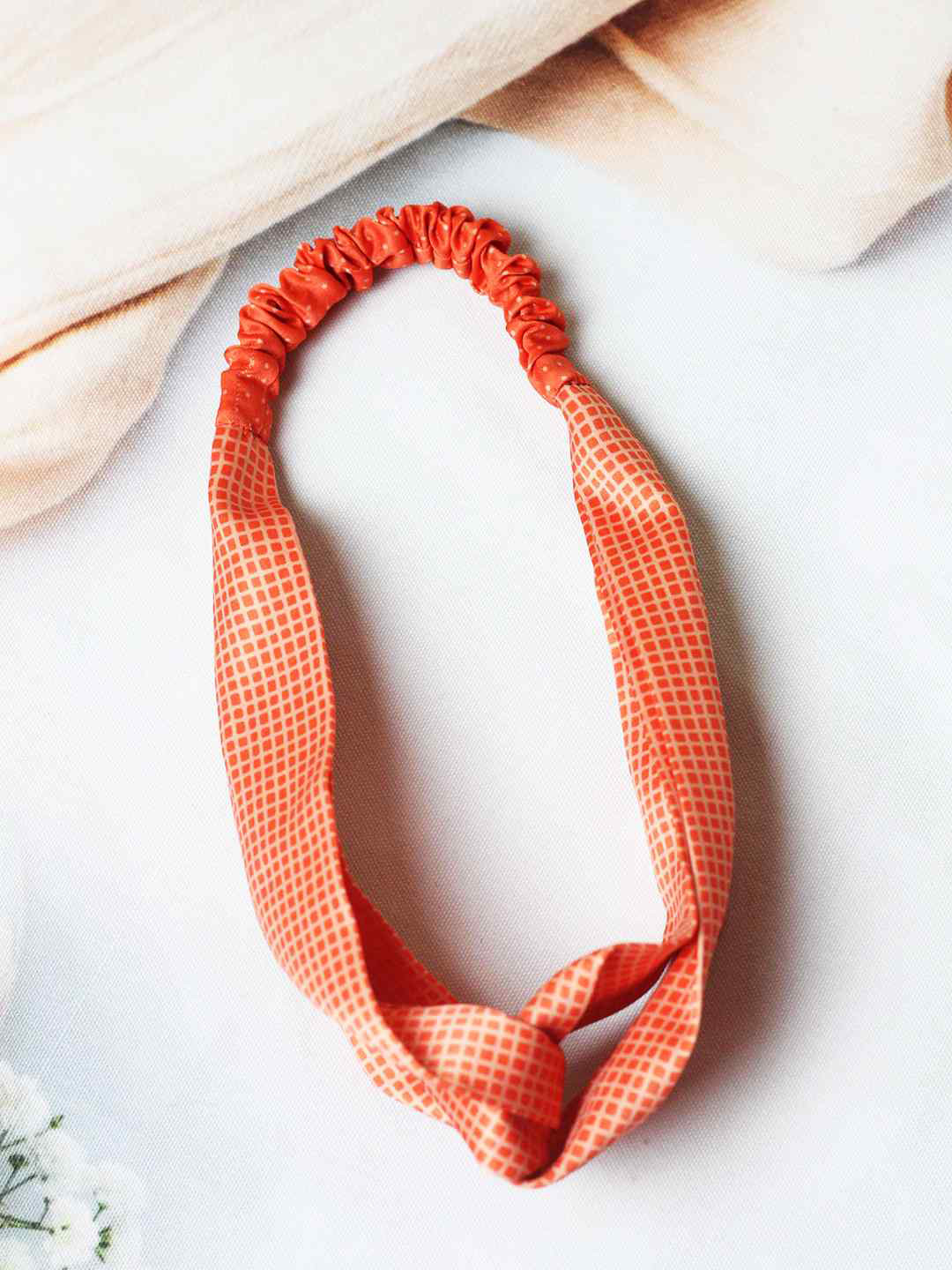 Tossido Women Orange & Beige Checked Satin Criss-Cross Headband