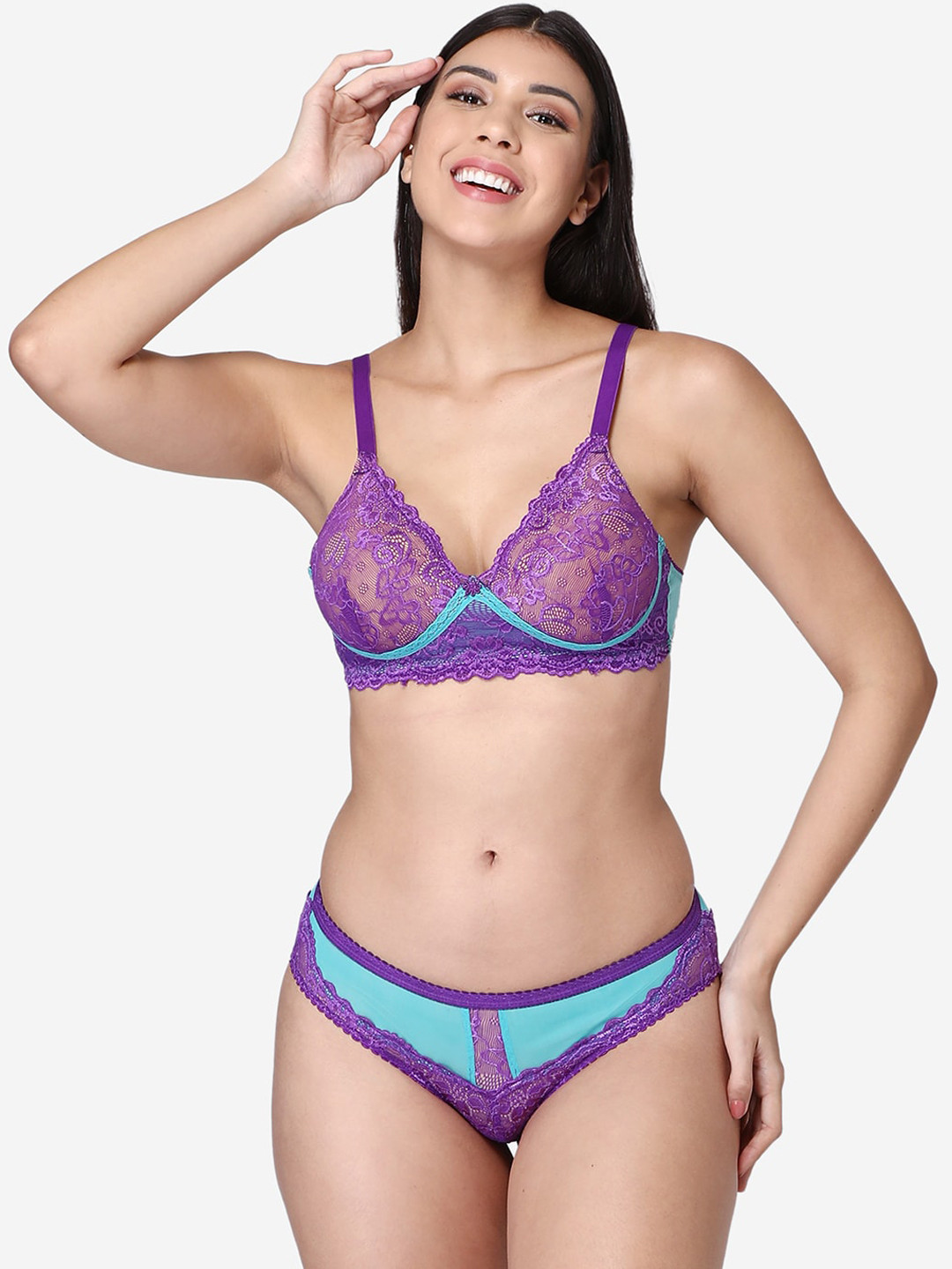 ABELINO Women Purple & Blue Lace Lingerie Set SETLEVONAPURPLE01