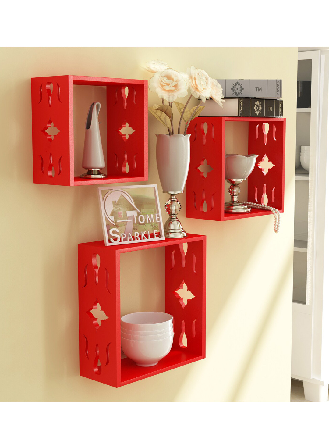 Home Sparkle Set Of 3 Red MDF Wall Shelf