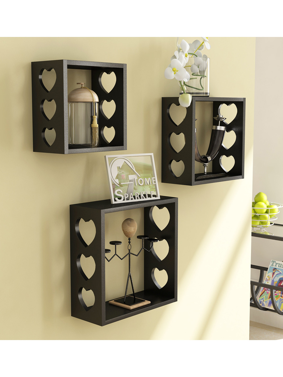 Home Sparkle Set Of 3 Black MDF Wall Shelves