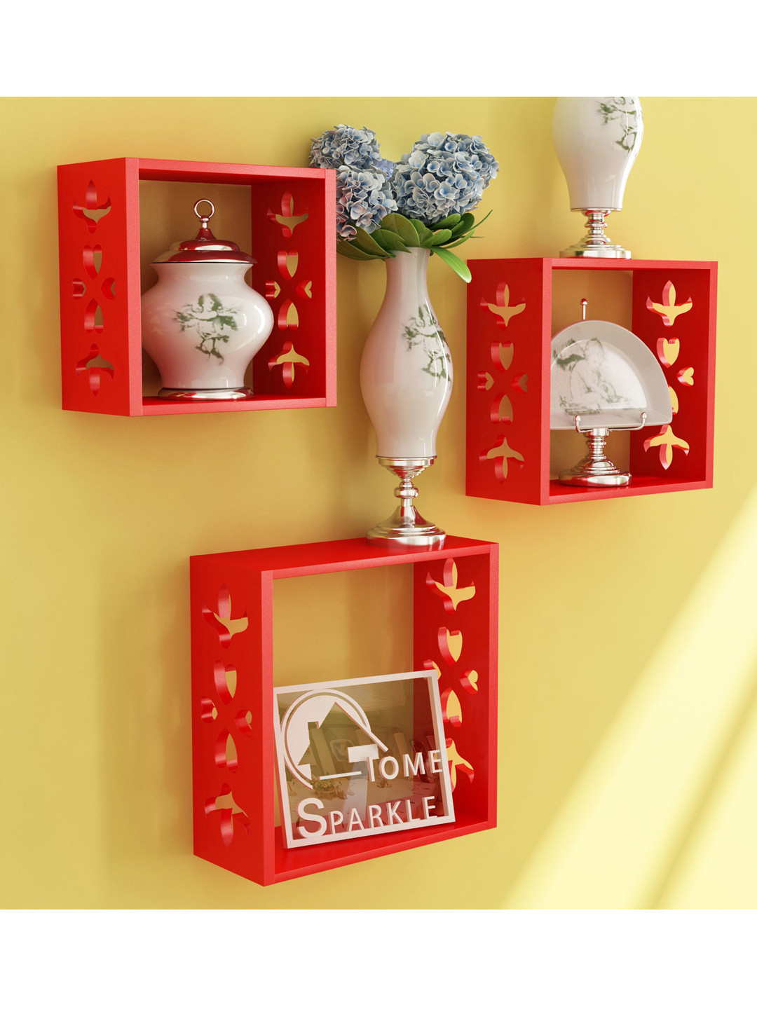 Home Sparkle Set Of 3 Red MDF Wall Shelf