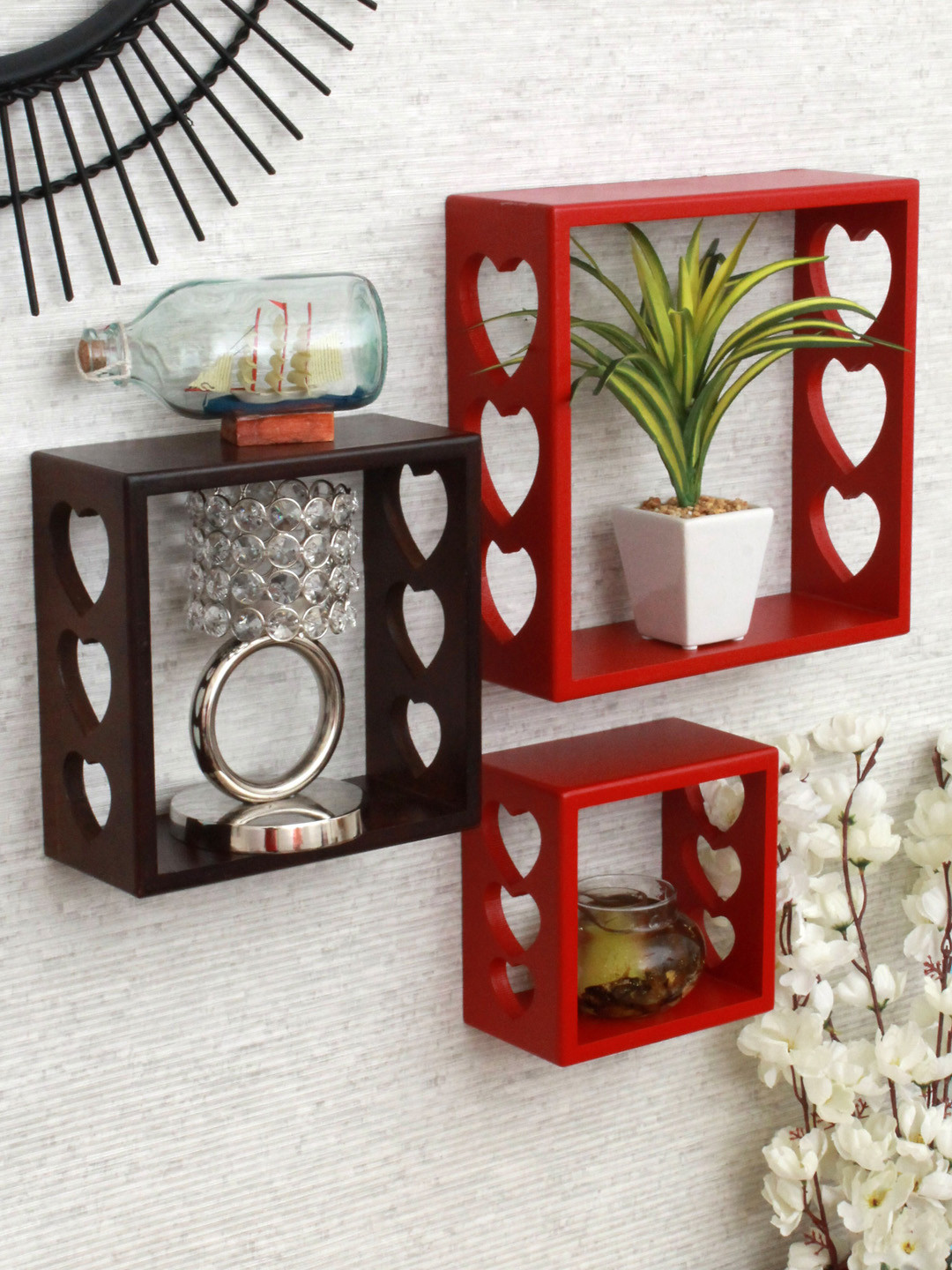 Home Sparkle Pack Of 3 Red & Black MDF Wall Shelfs