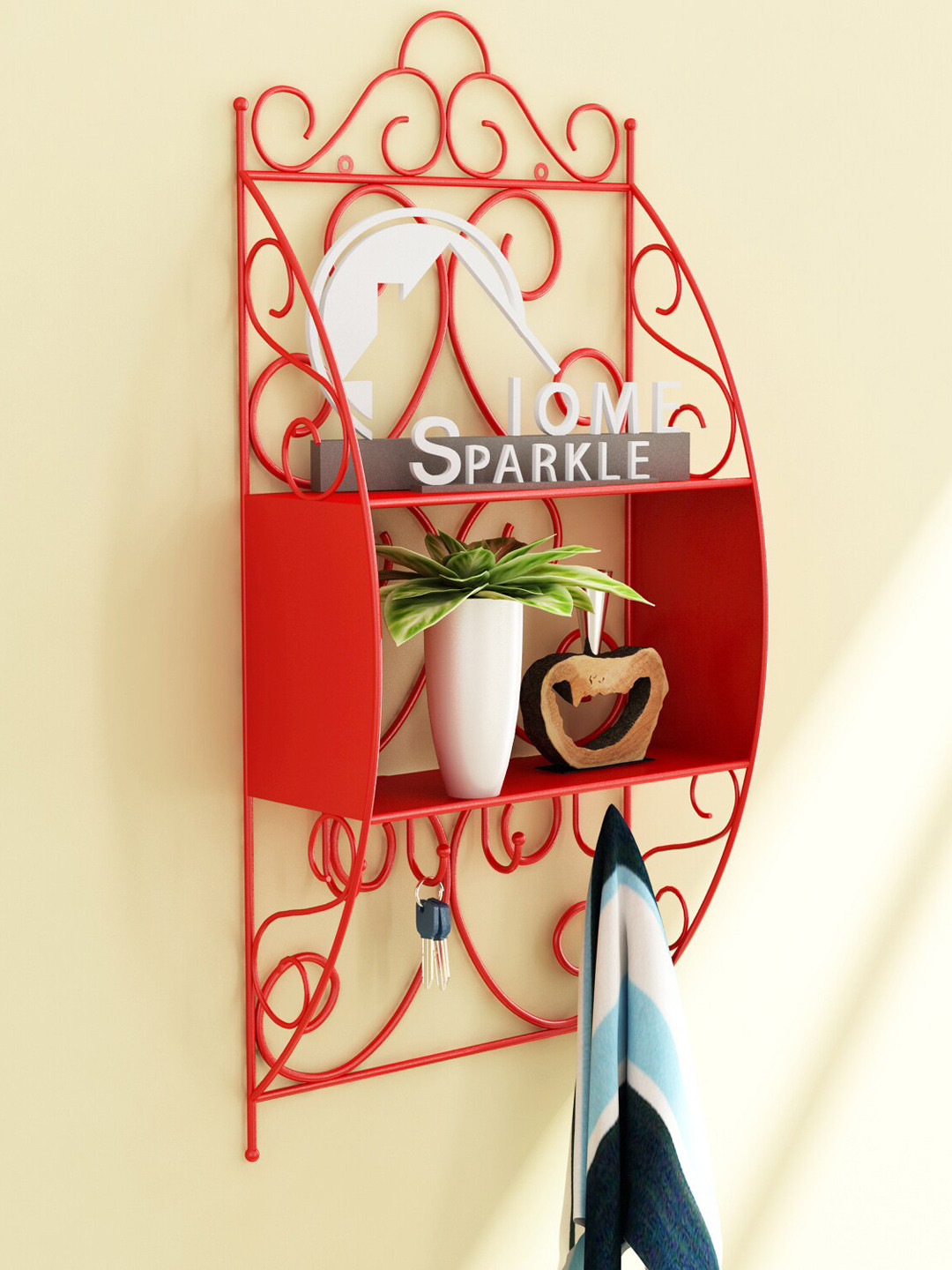 Home Sparkle Red Metal Wall Shelf with Keyholders