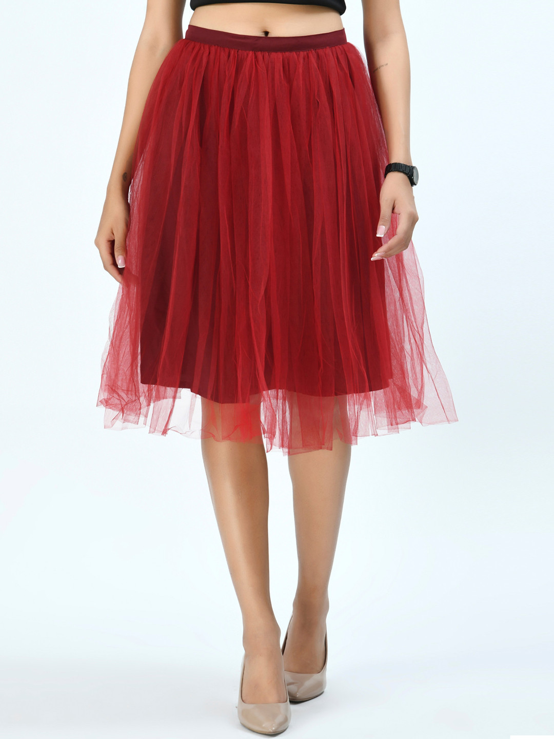 V&M Women Maroon Solid Knee-Length Tulle Skirt