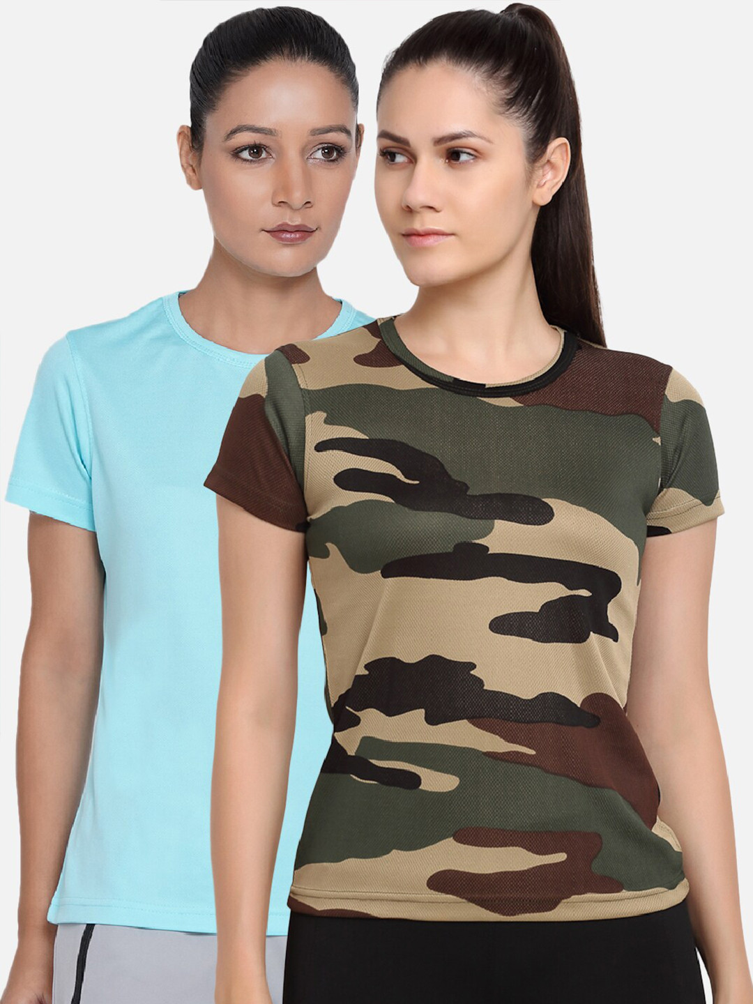 ARMISTO Women Blue & Green Pack of 2 Printed Dri-FIT Slim Fit Training or Gym T-shirts