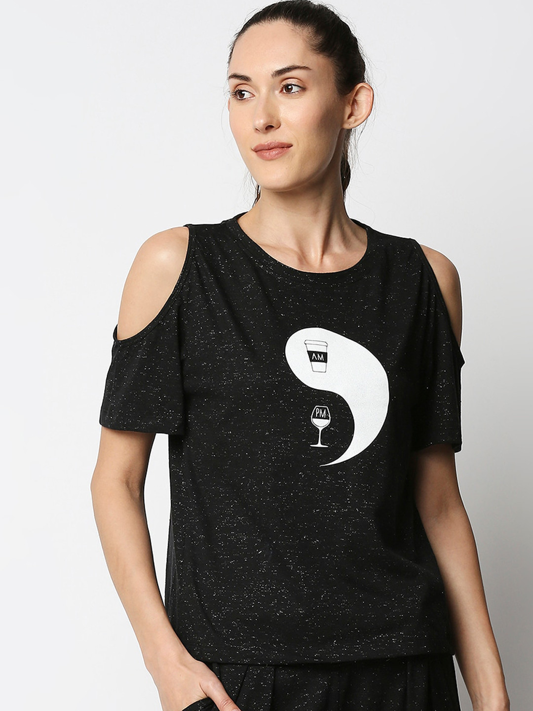 Tuna London Women Black Shimmer Print Tee with Side Tie Up Shimmer Yoga Pants