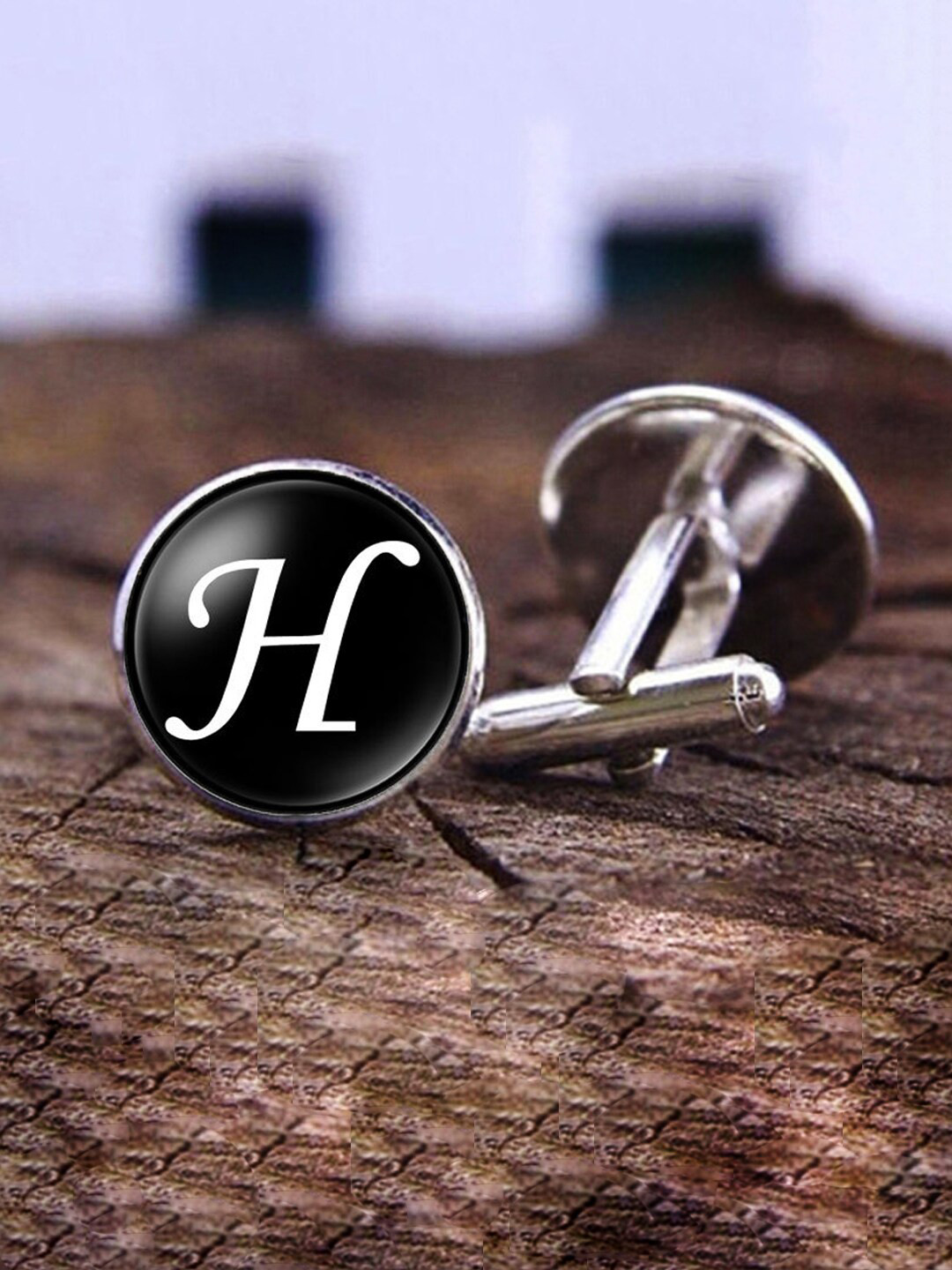 Yellow Chimes Black Alphabet H Statement Stainless Steel Cufflinks