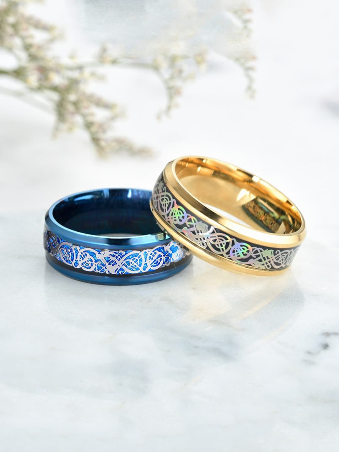 Yellow Chimes Men Set Of 2 Blue & Gold-Plated Dragon Celtic Signet Finger Rings