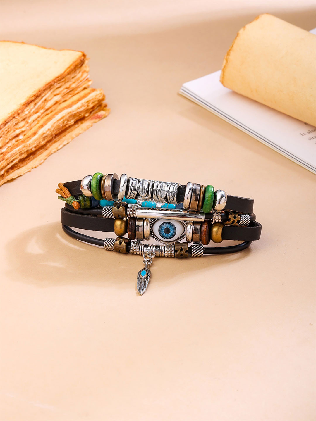Yellow Chimes Vistelle Unisex Evil Eye Black & Blue Leather Wraparound Bracelet