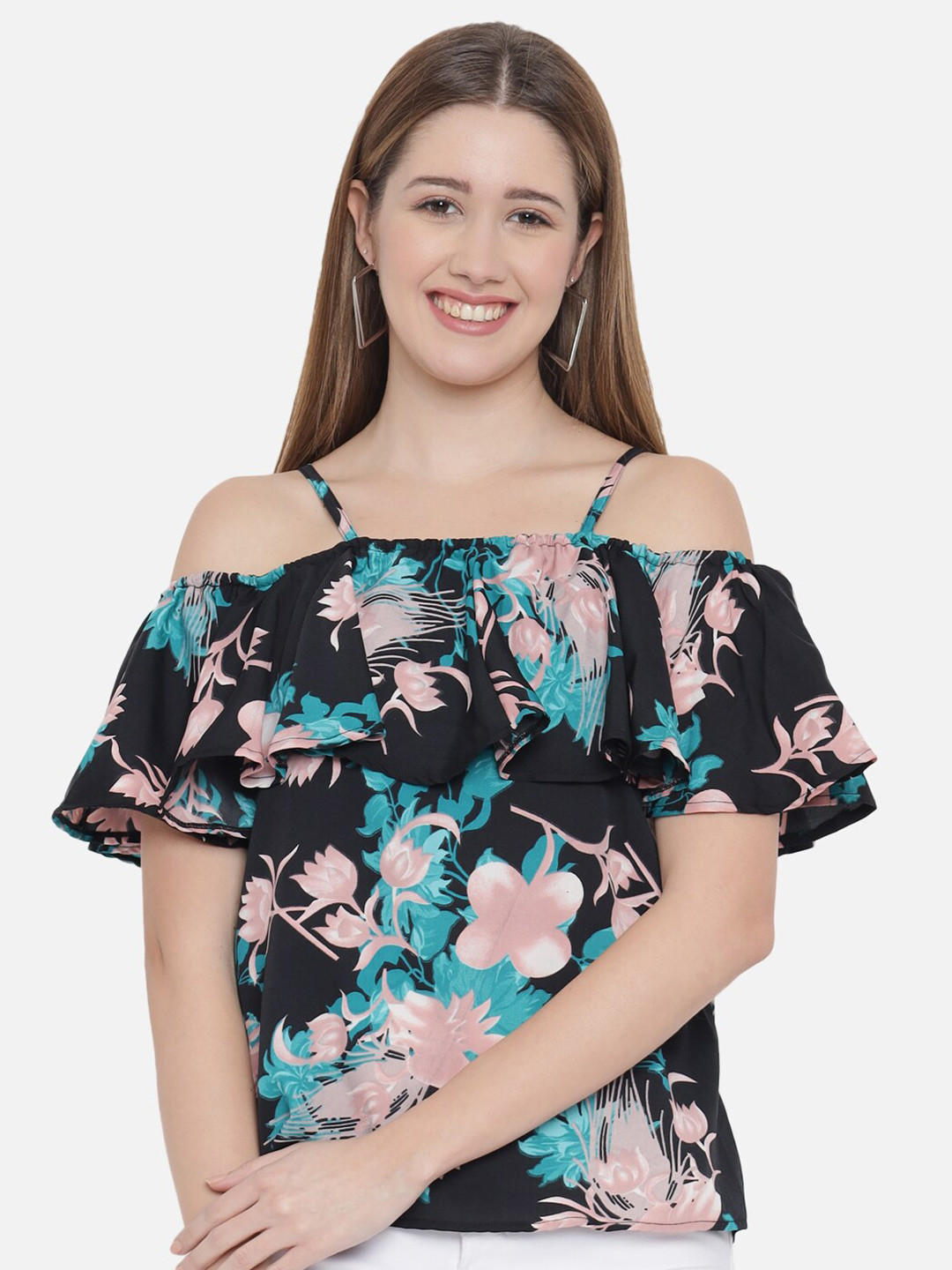 Indietoga Navy Blue & Green Floral Print Cold-Shoulder Sleeves Ruffles Crepe Top