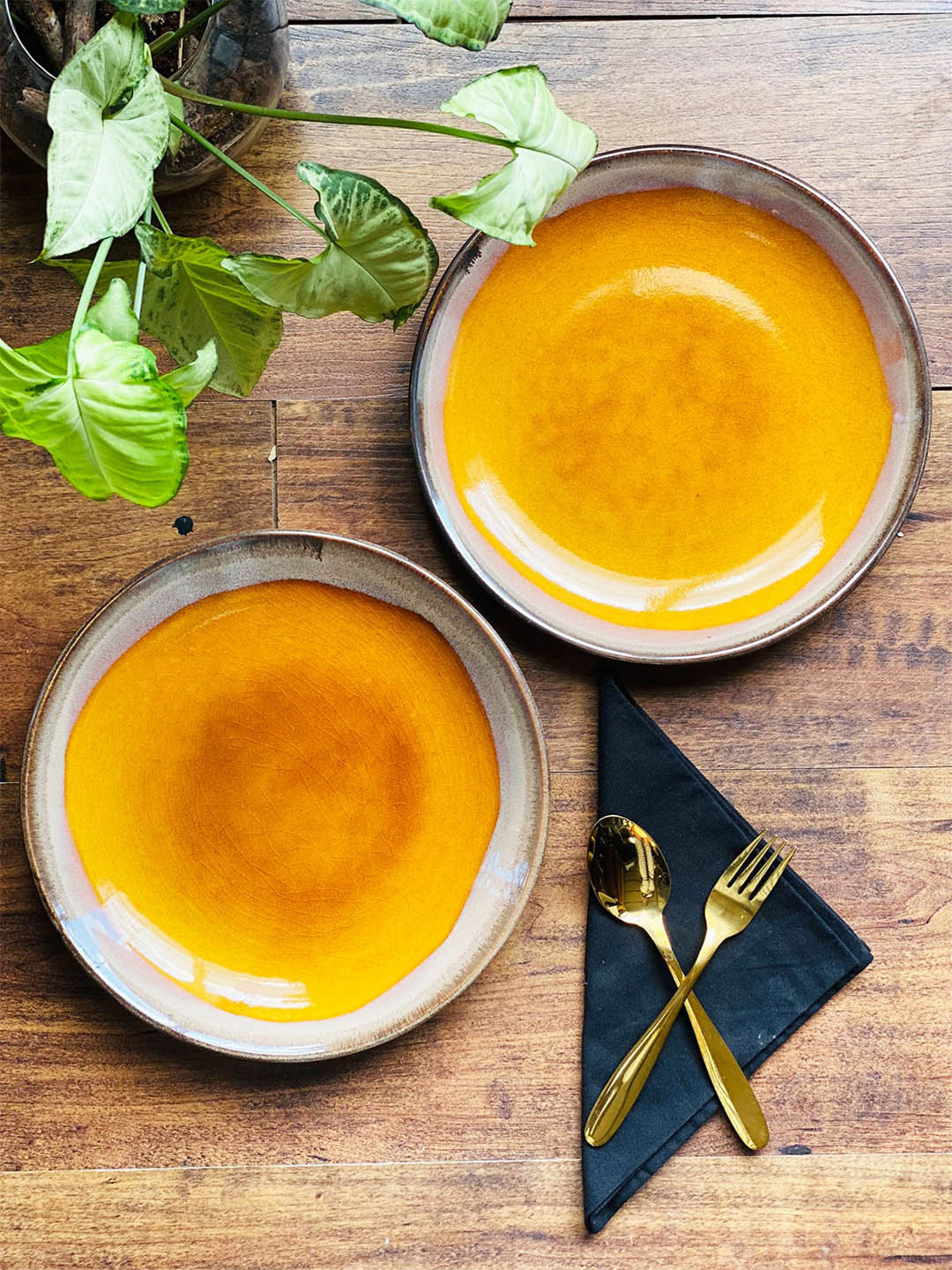 Folkstorys Orange & Grey Set Of 2 Textured Ceramic Handcrafted Dinner Plate