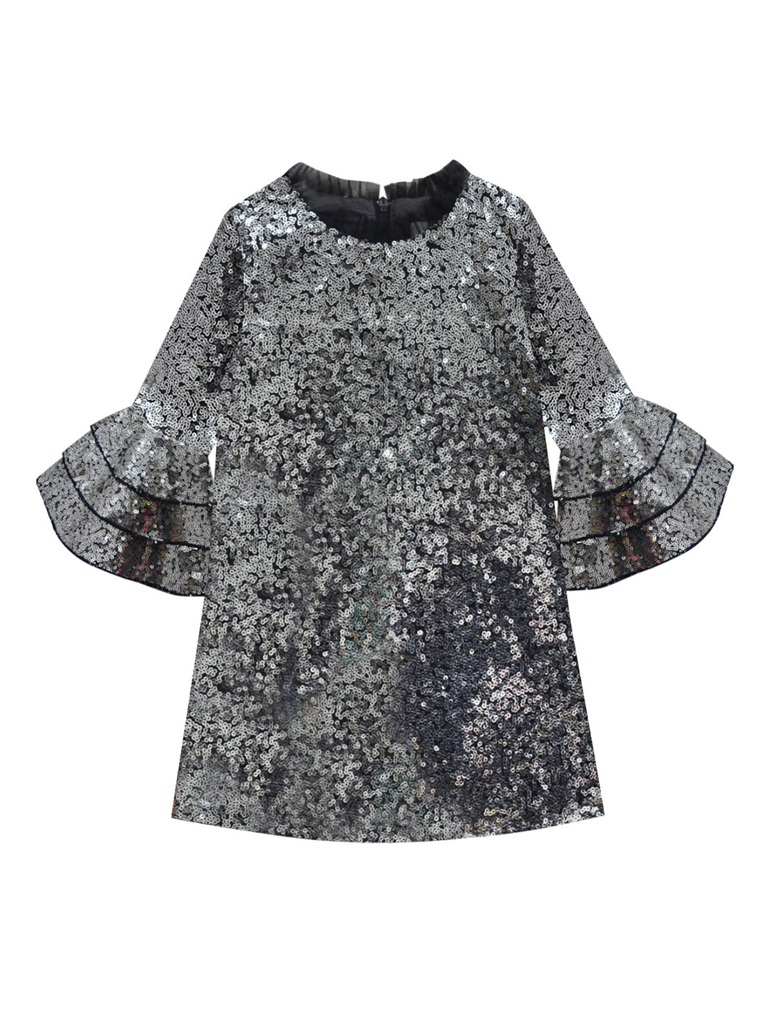 A T U N Silver-Toned Sequin Embellished Bell Sleeves Dress