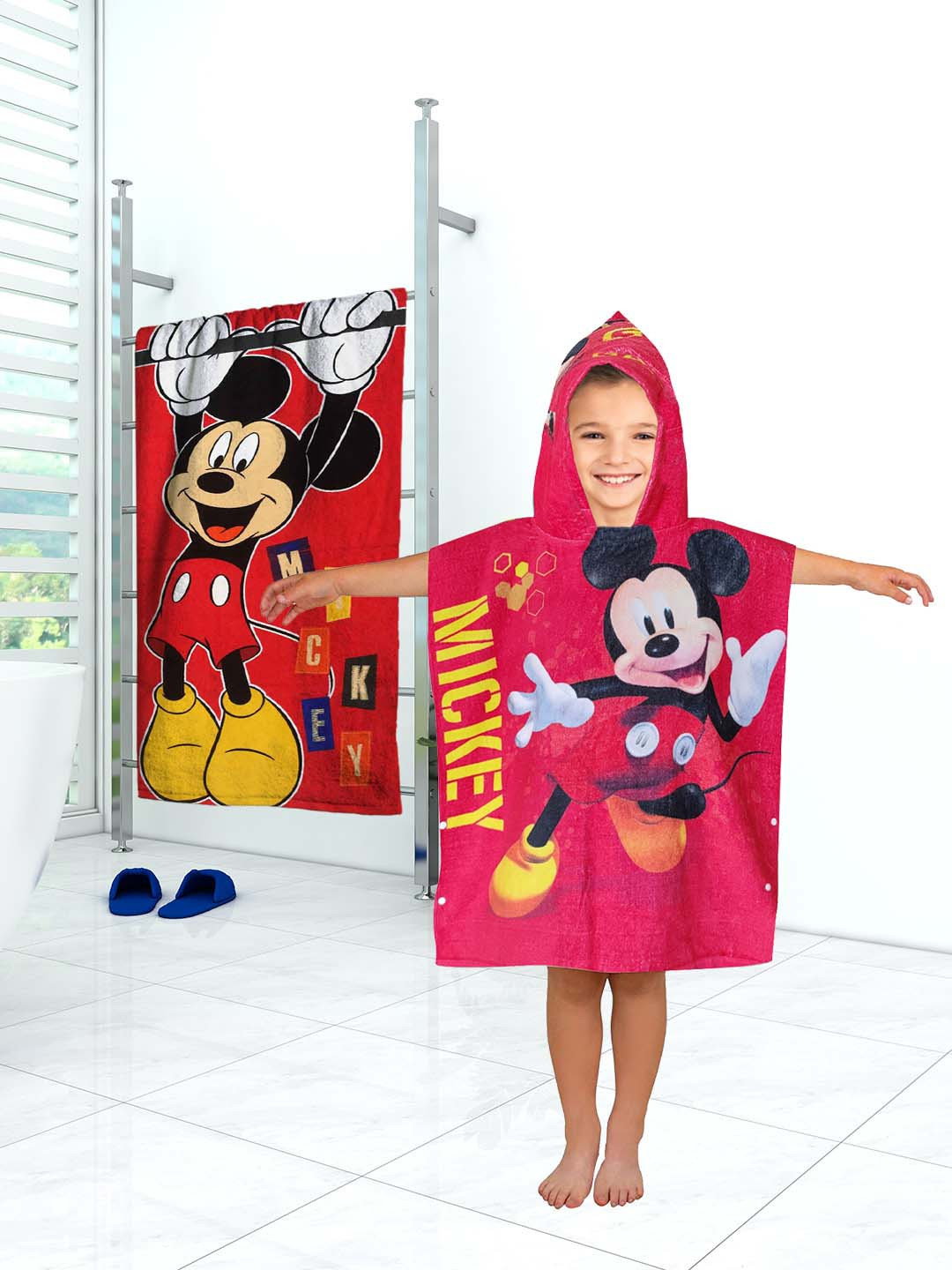 Disney Red Kids Mickey Mouse Printed Bath & Hooded Towel Combo