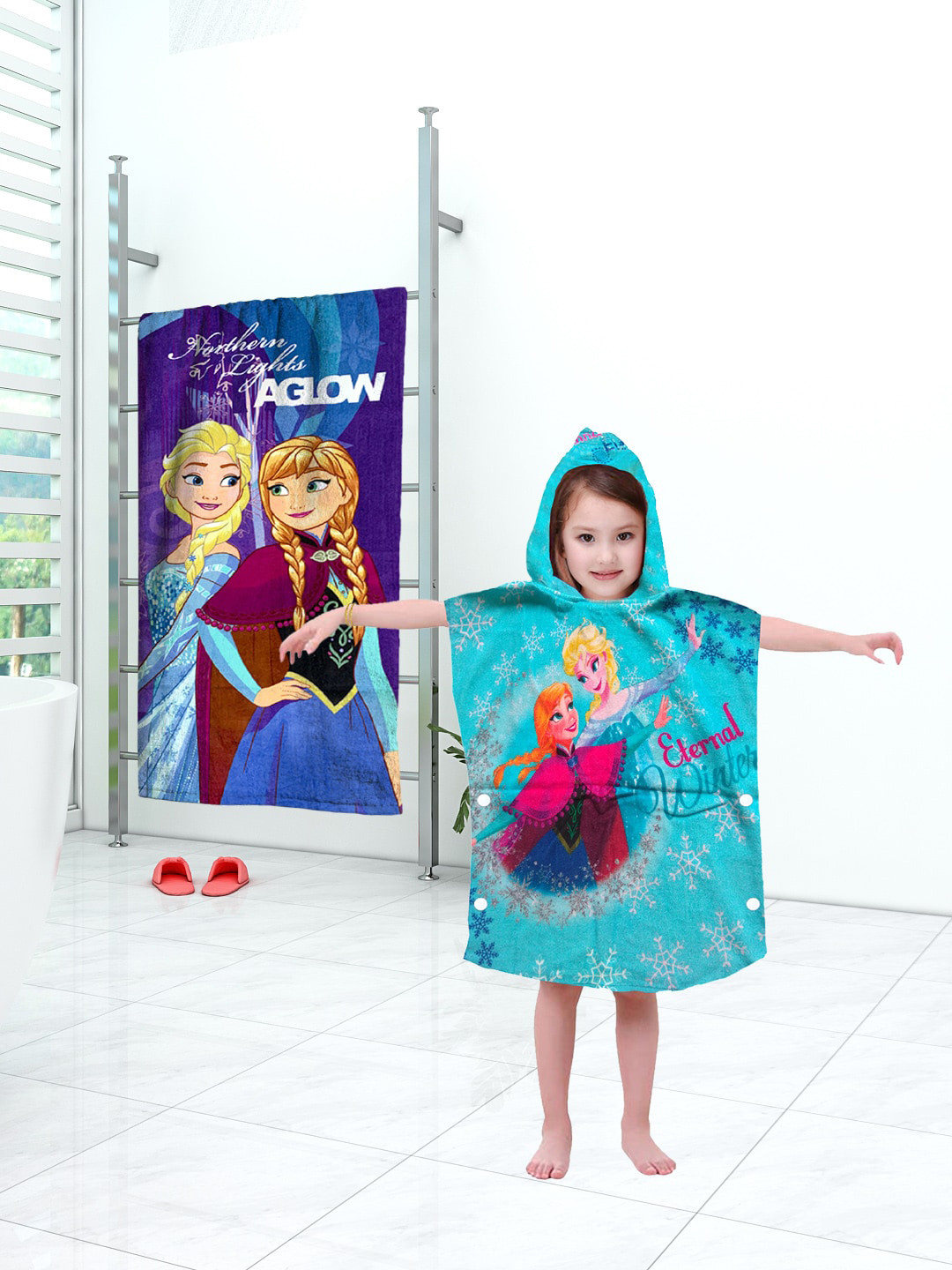 Disney Blue Kids Frozen Printed Bath & Hooded Towel Combo