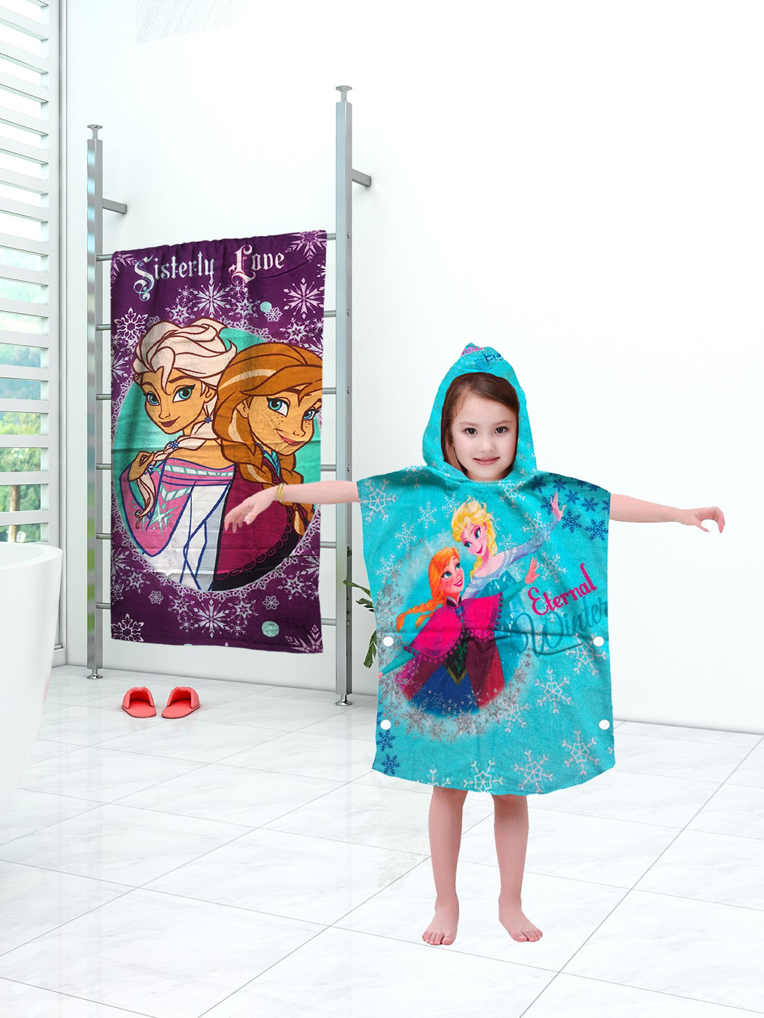 Disney Kids Blue & Purple Frozen Printed 350GSM Cotton Hooded Poncho and Bath Towel Set