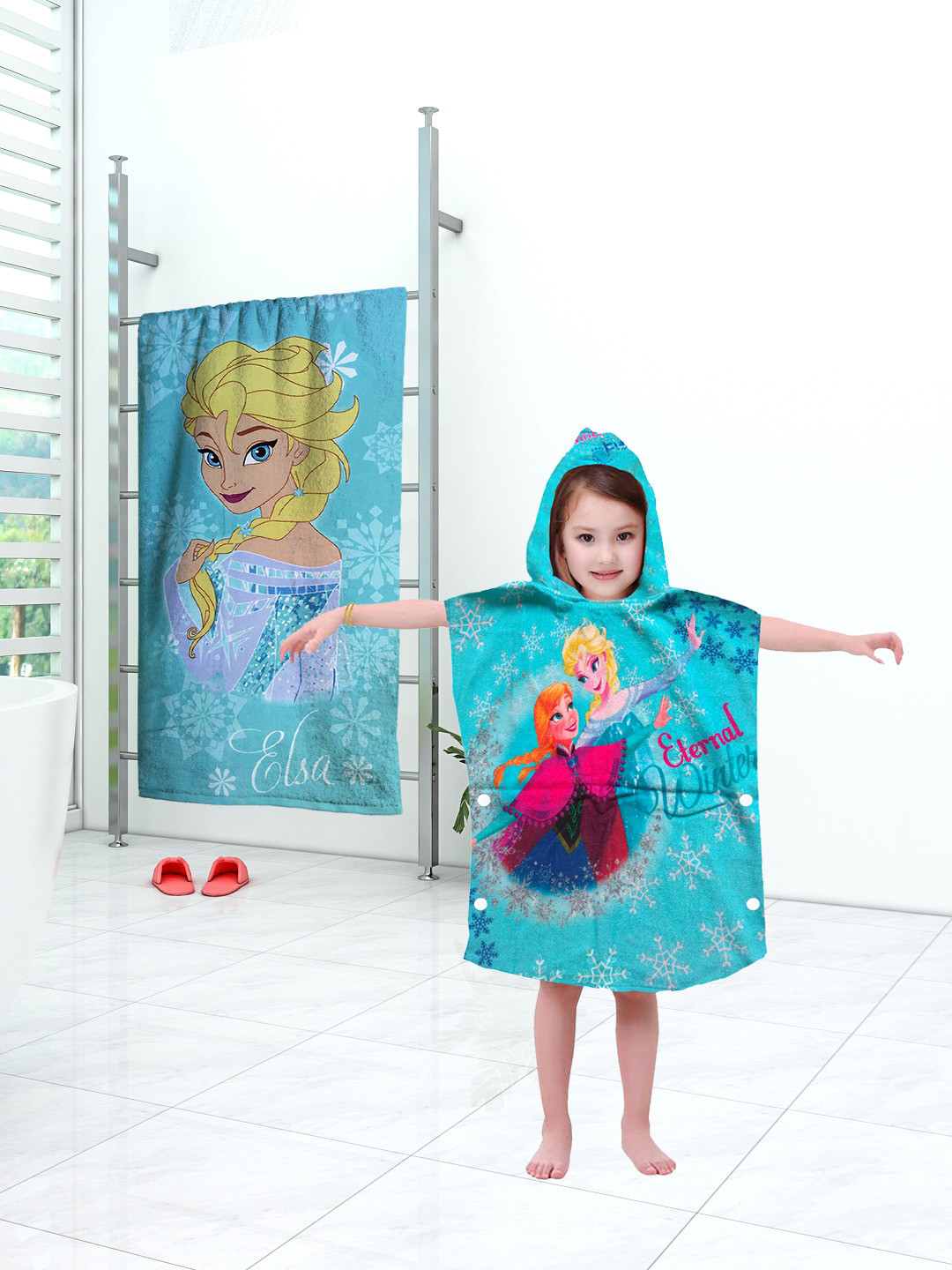 Disney Blue Kids Frozen Printed Bath & Hooded Towel Combo