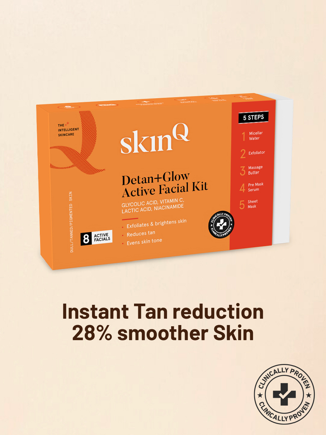 SkinQ Detan Facial Kit for Glowing Skin,Tan Removal & Instant Glow with Glycolic Acid-25g