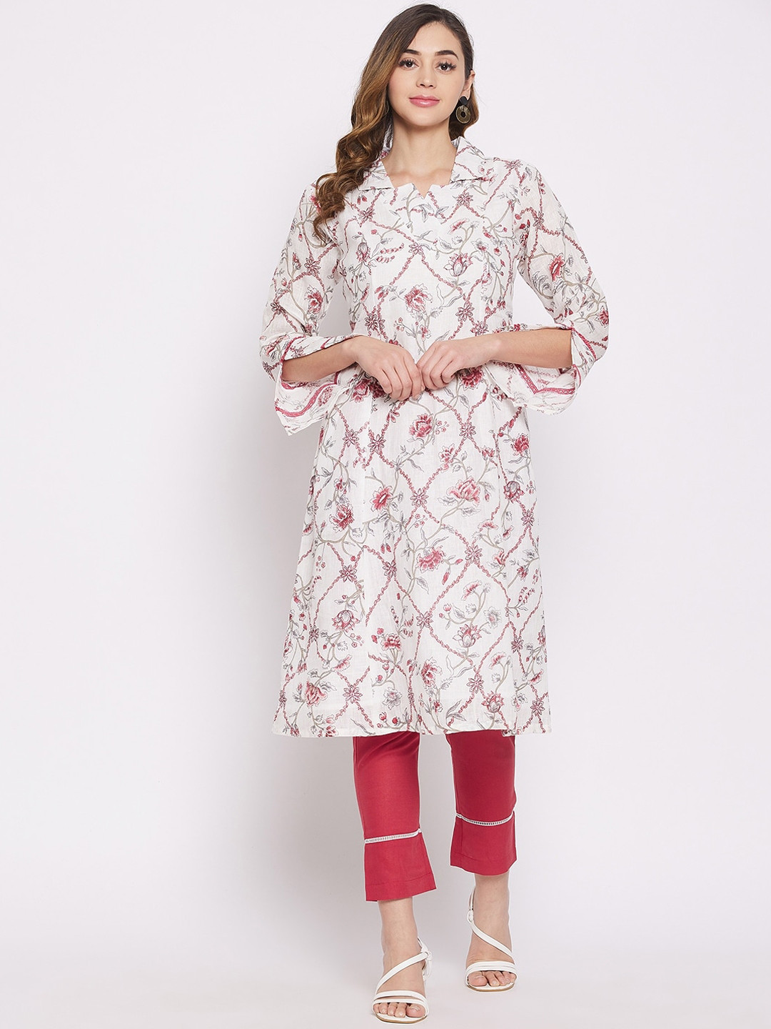 The Kaftan Company Women White Floral Printed Linen Kurta with Trousers