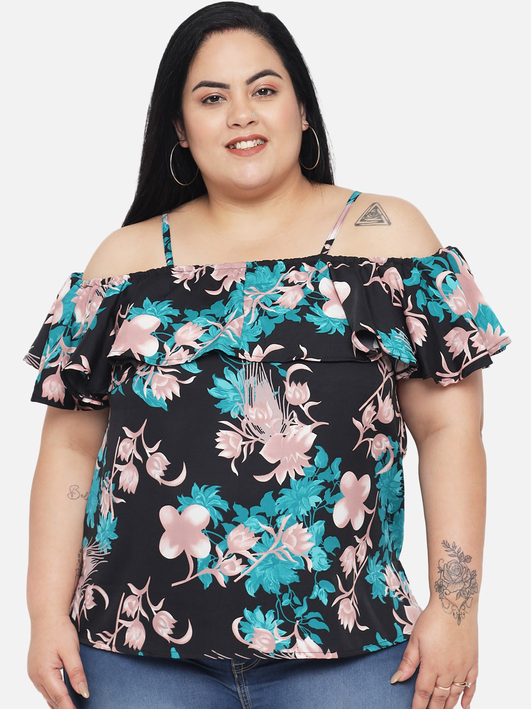 Indietoga Plus Size Green & Black Printed Off-Shoulder Crepe Top