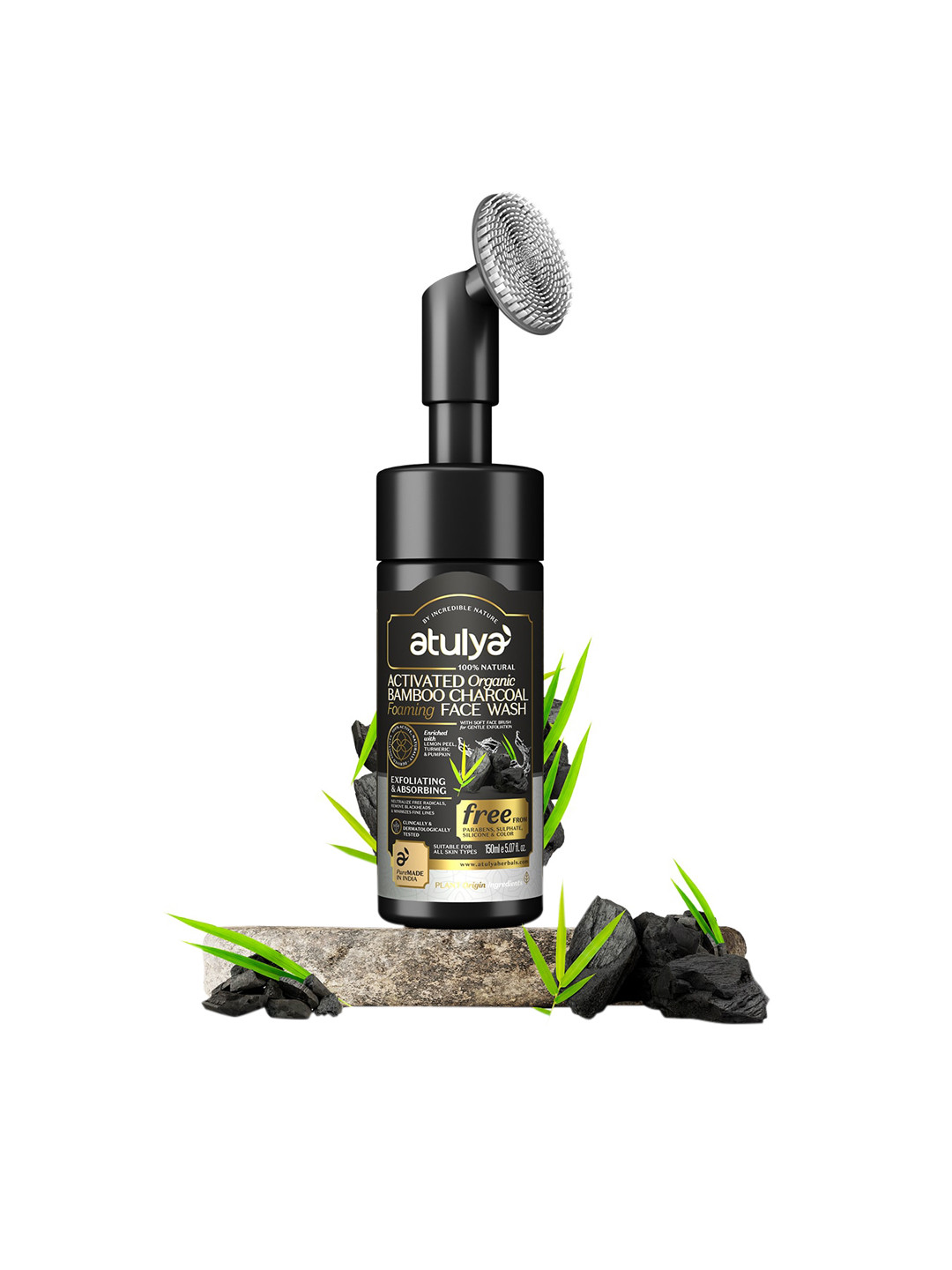 Atulya Activated Organic Bamboo Charcoal Foaming Face Wash - Silicone Applicator - 150 ml