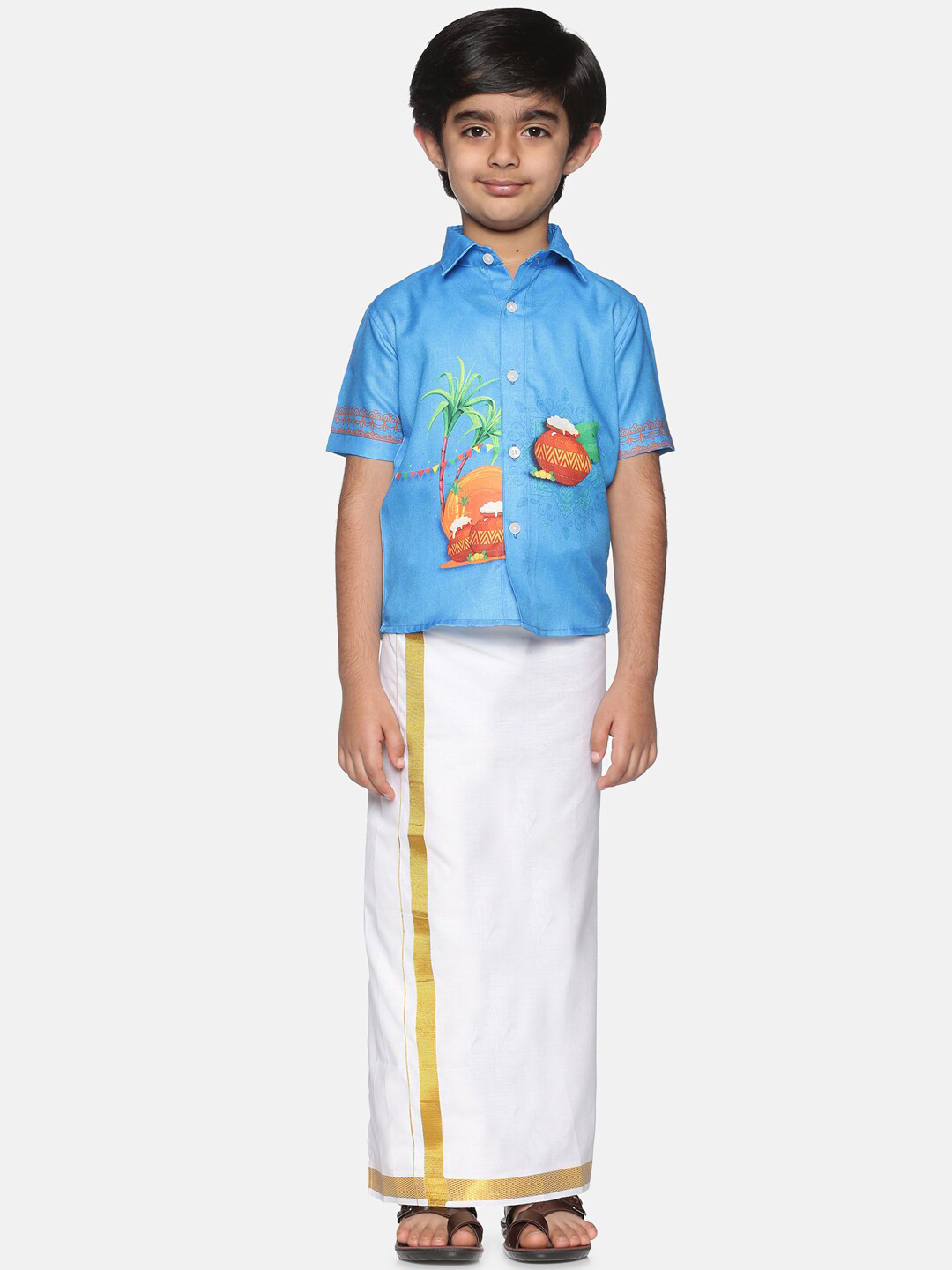 Boys Traditional Boys Blue & White Printed Shirt with Dhoti