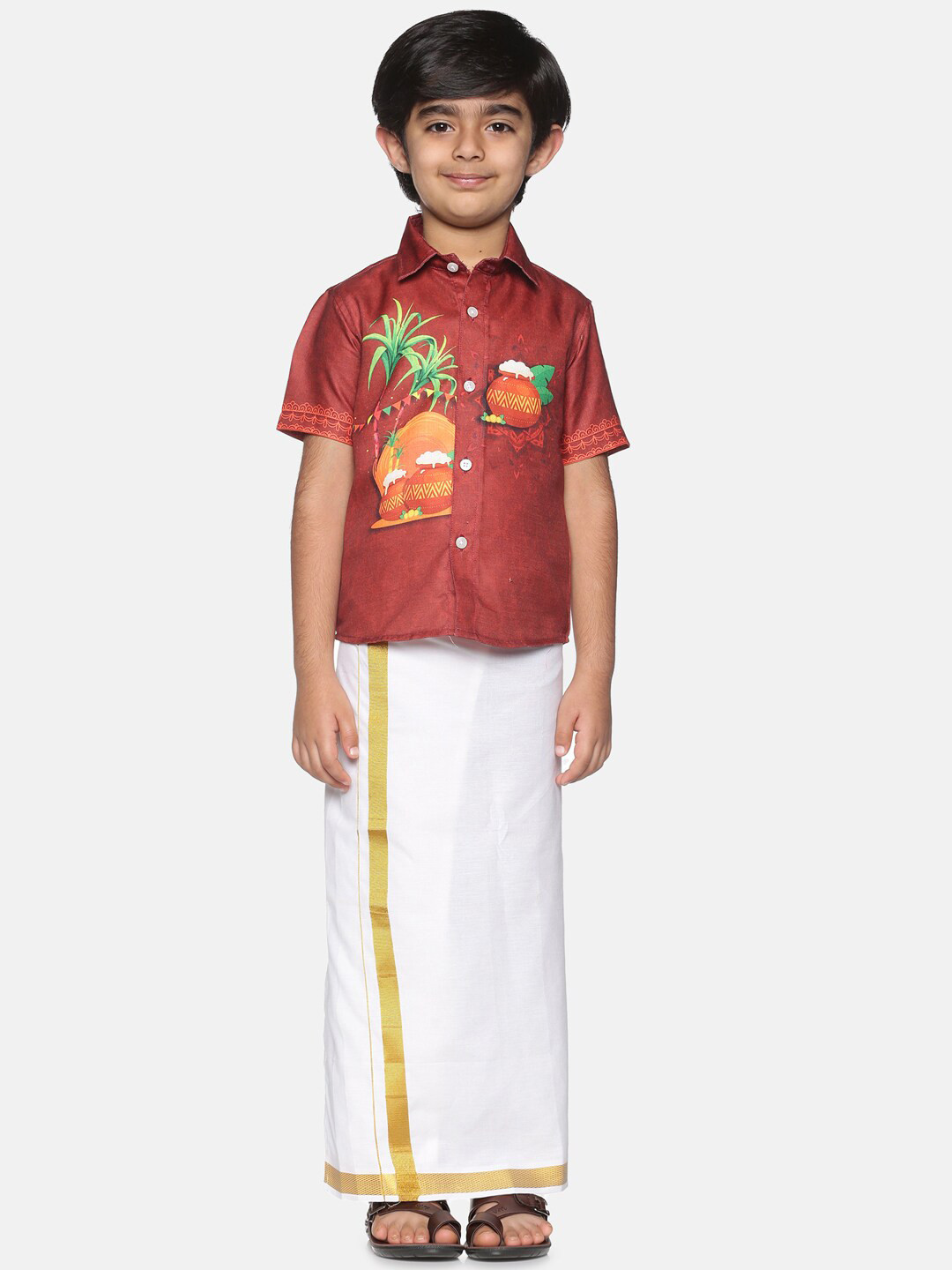 Sethukrishna Boys Printed Traditional Shirt With Adjustable Velcro Dhoti Set