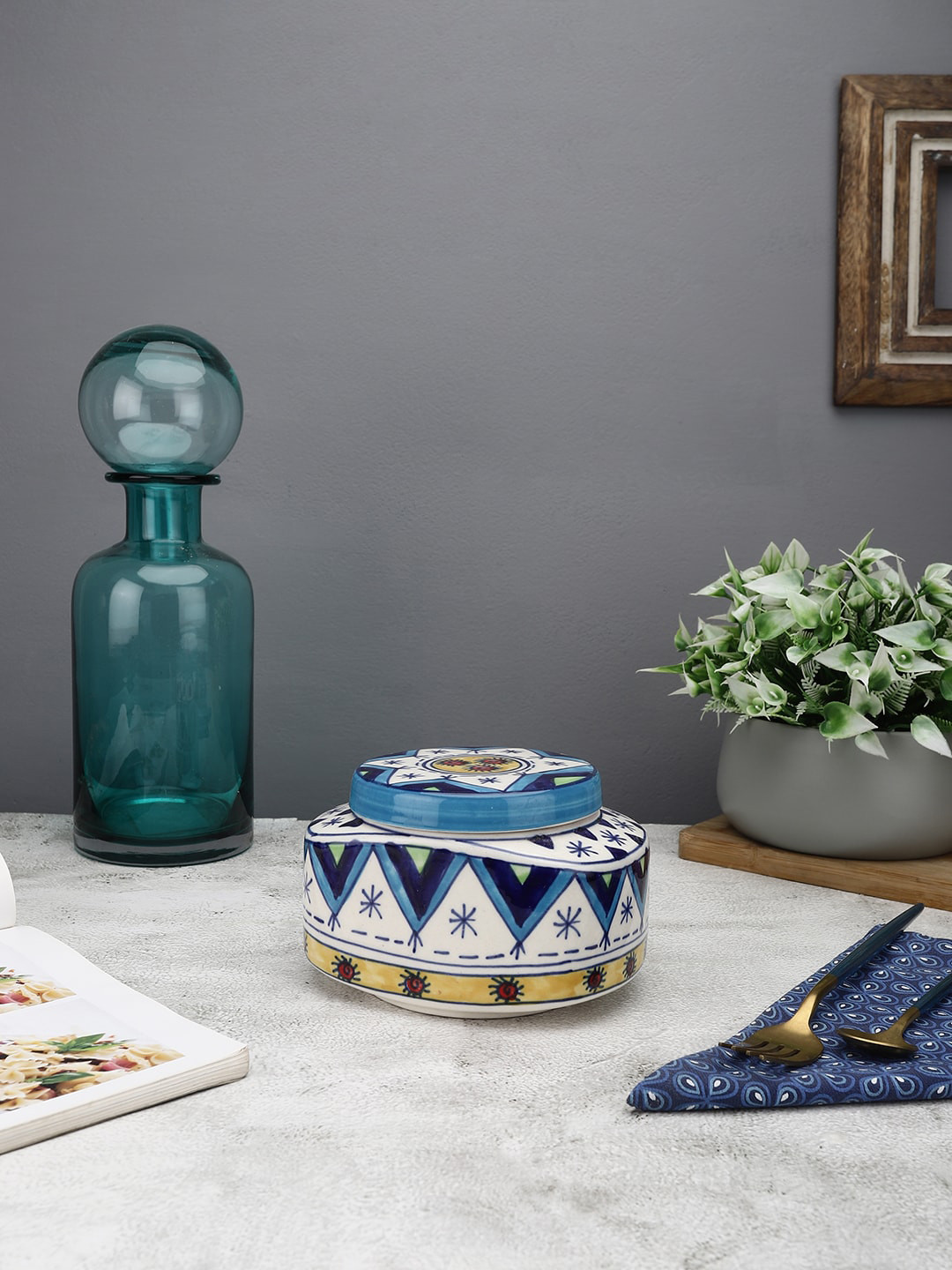 Miah Decor Navy Blue Conversational Ceramic Dishwasher Safe Flip Top Graduated Container-700ml