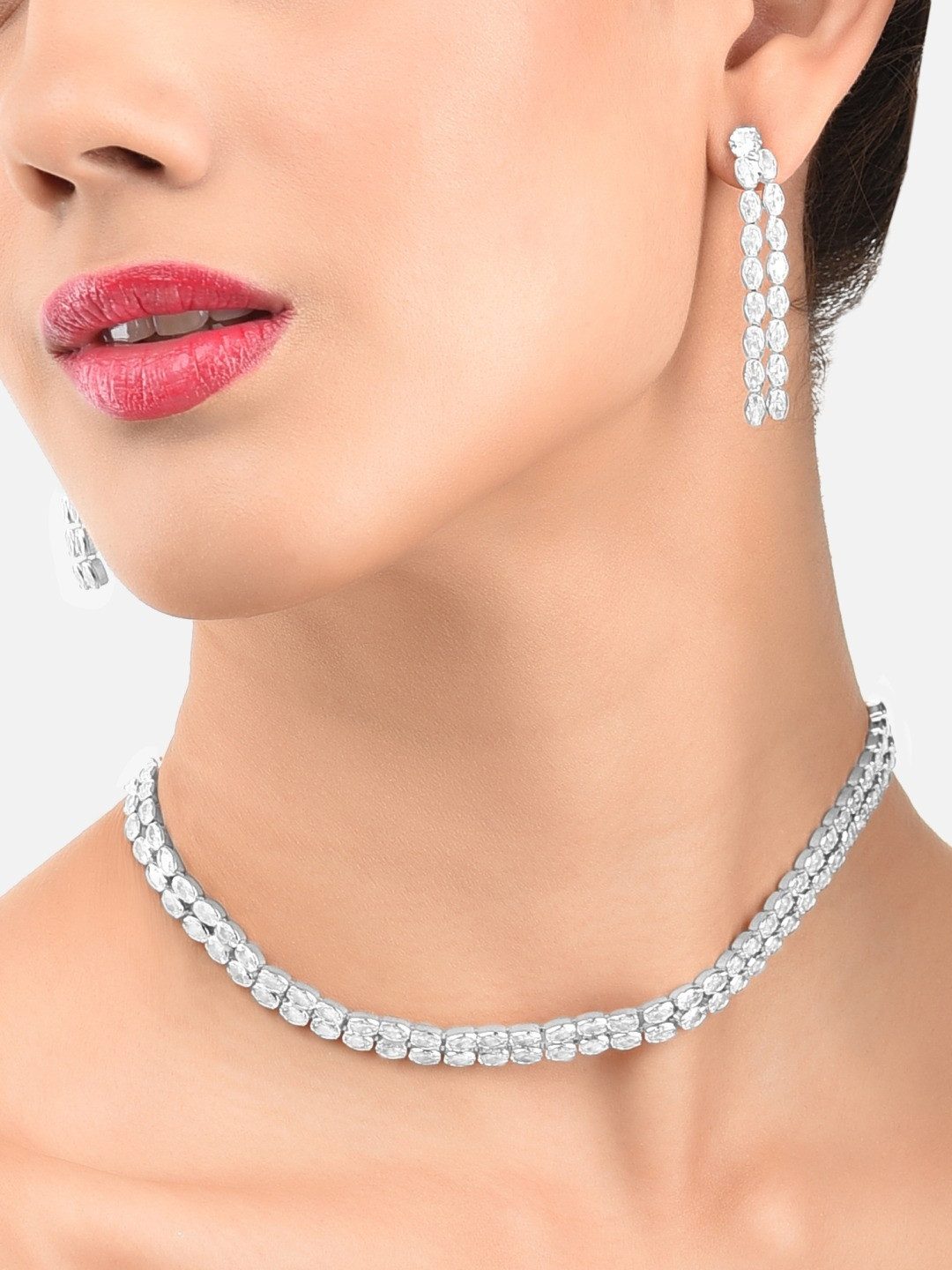 AMI Silver Tone Dazzling Cubic Zirconia 2 Strands Necklace & Earring Set