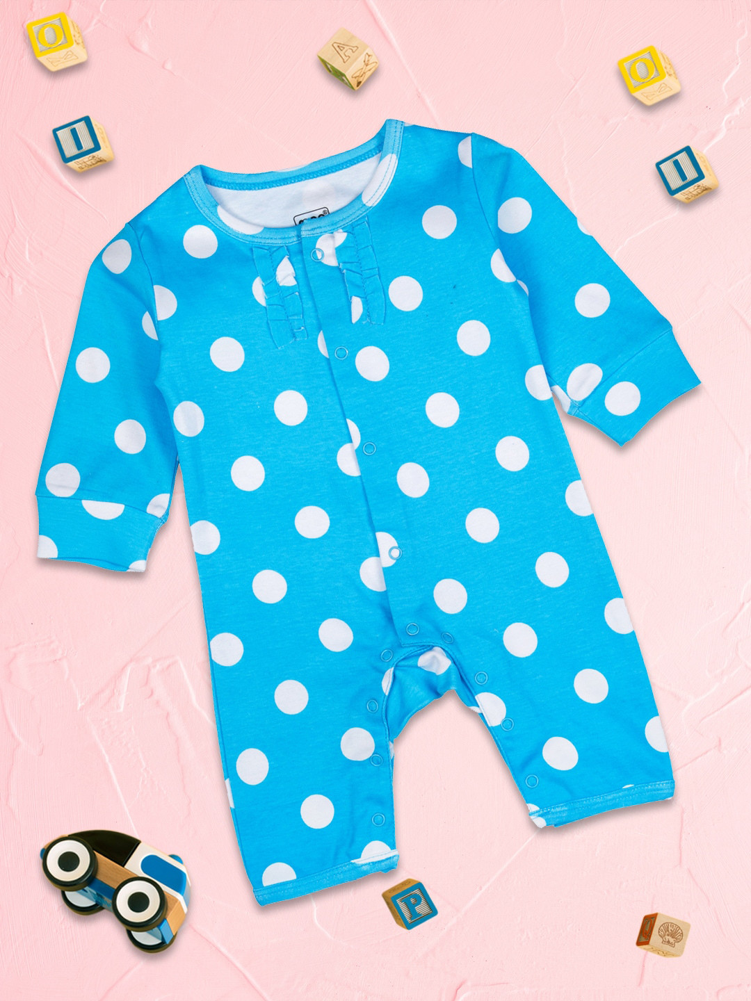 MeeMee Infant Girls Blue & White Polka-Dot Print Cotton Rompers