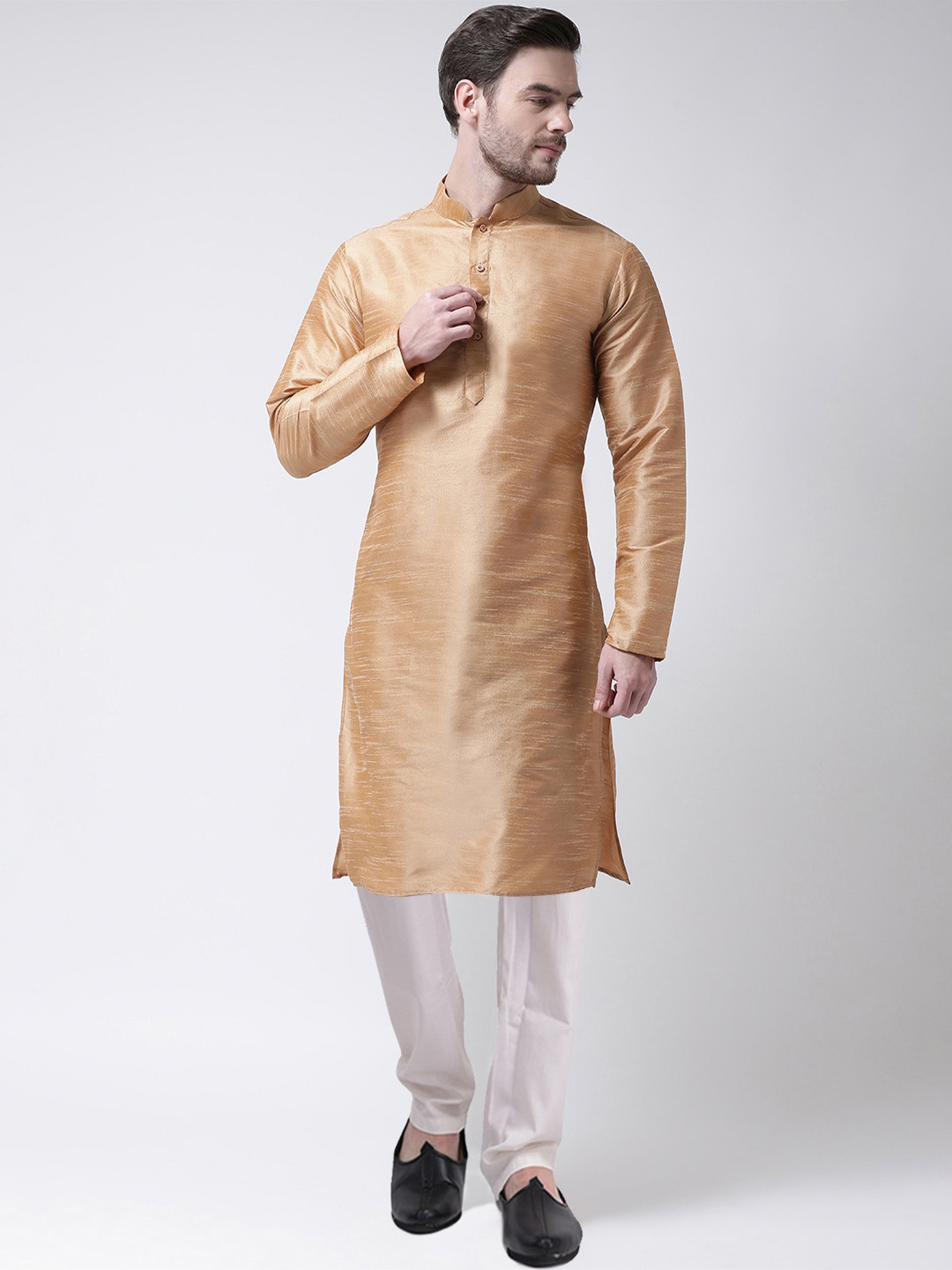 SG LEMAN Men Gold-Toned Striped Raw Silk Kurta with Churidar