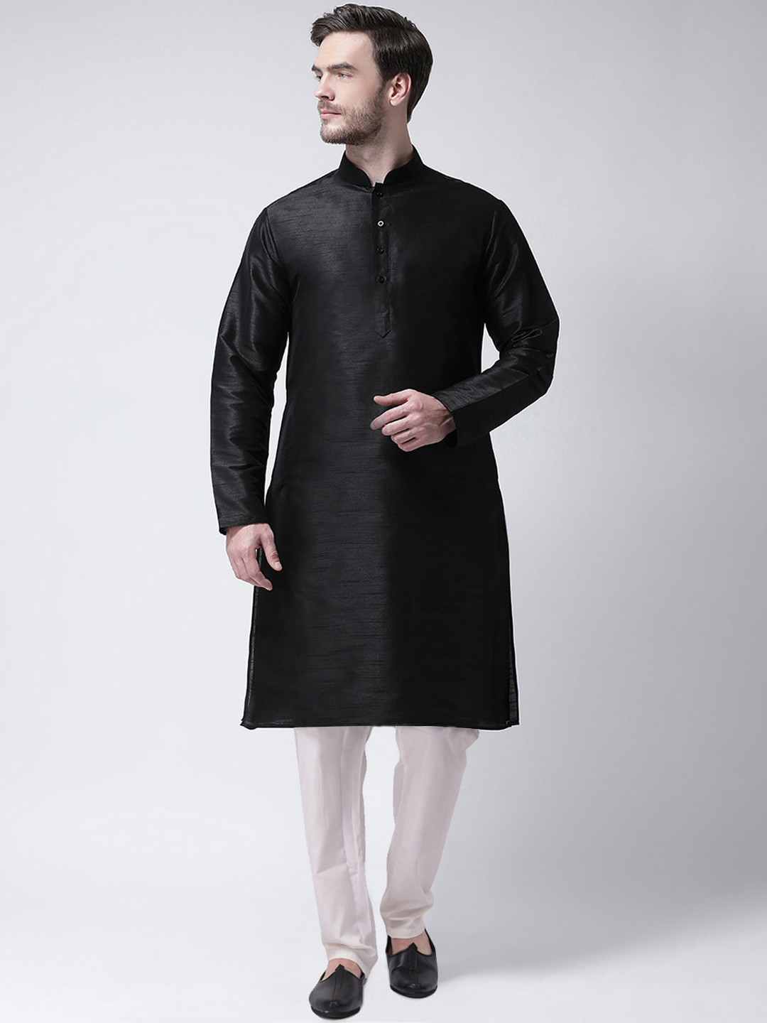 SG LEMAN Men Black & White Raw Silk Kurta with Pyjamas