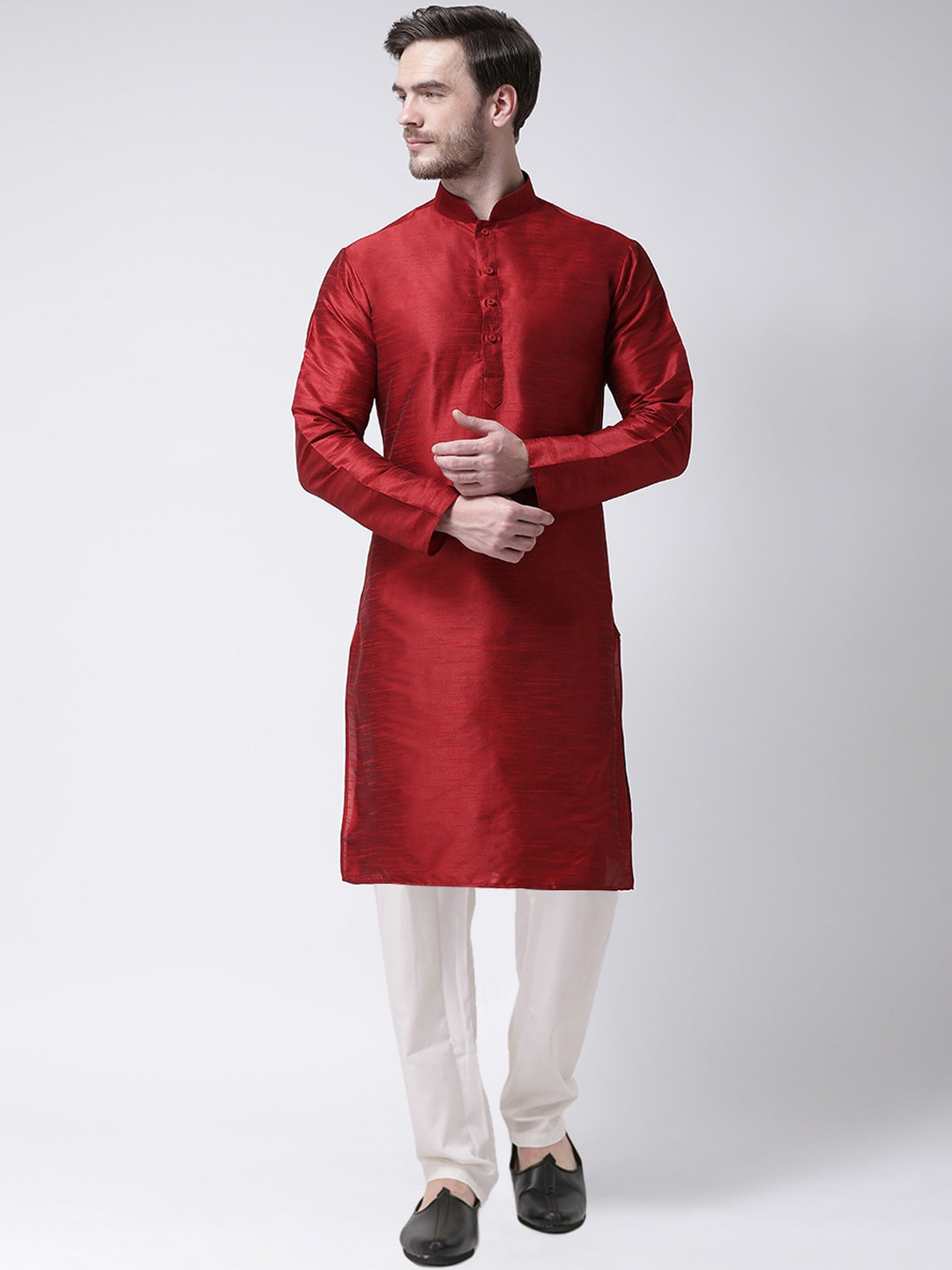 SG LEMAN Men Maroon & White Raw Silk Kurta with Pyjamas