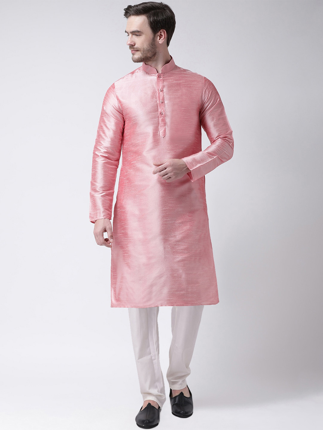 SG LEMAN Men Peach-Coloured Raw Silk Kurta with Pyjamas