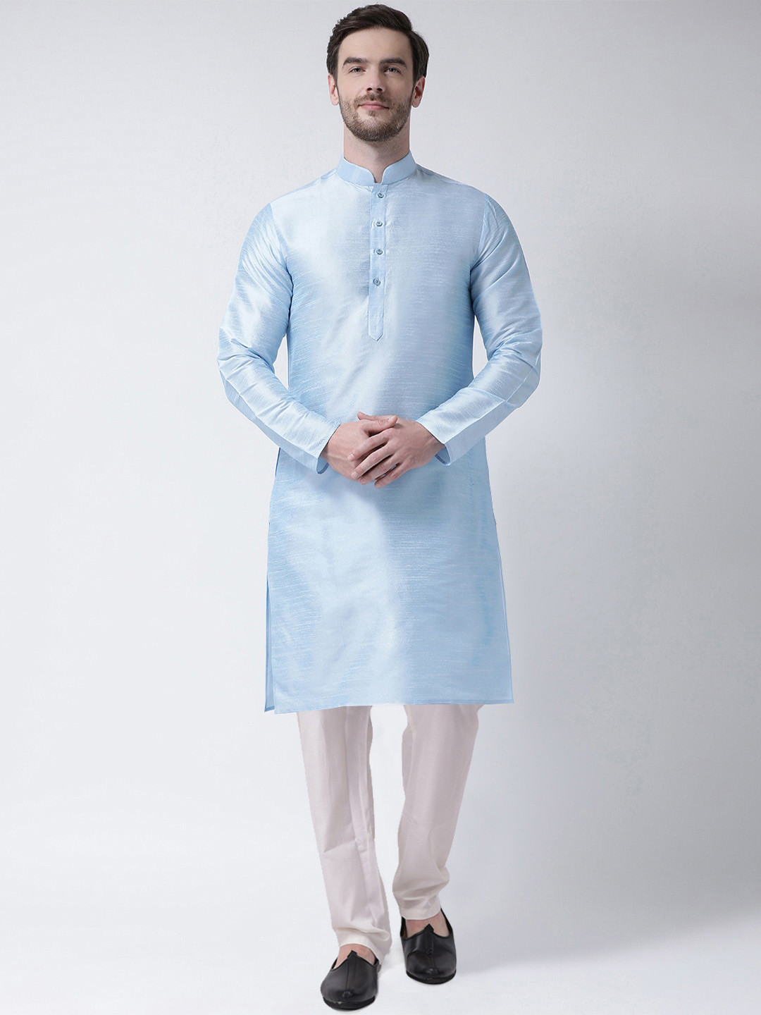 SG LEMAN Men Turquoise Blue Layered Raw Silk Kurta with Trousers