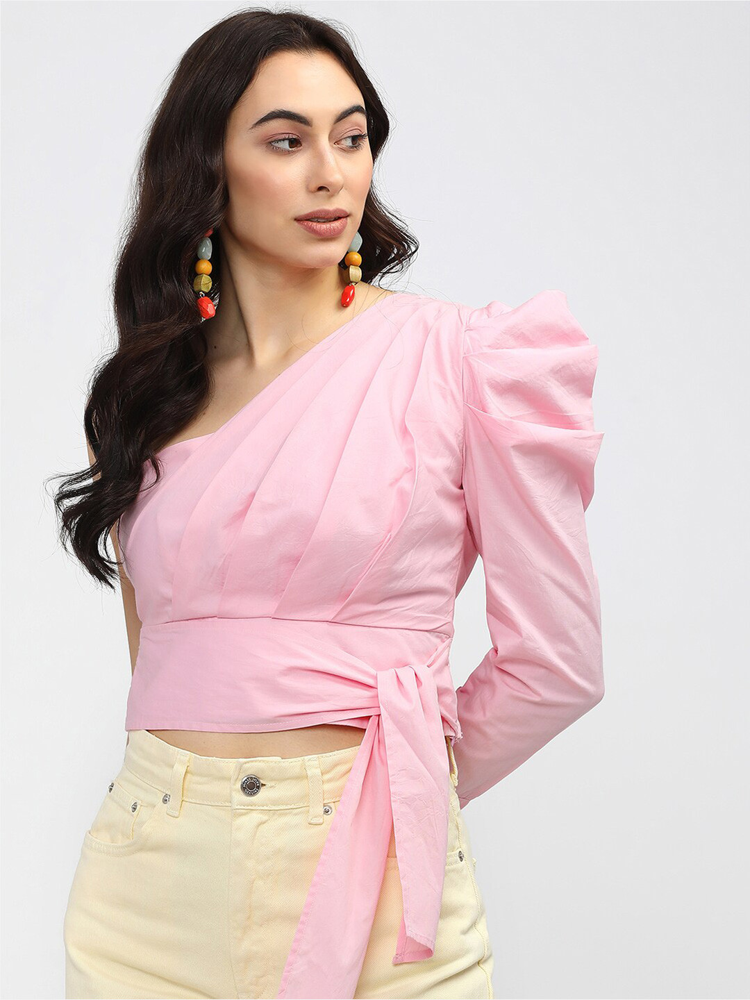 Tokyo Talkies Pink One Shoulder Wrap Crop Top