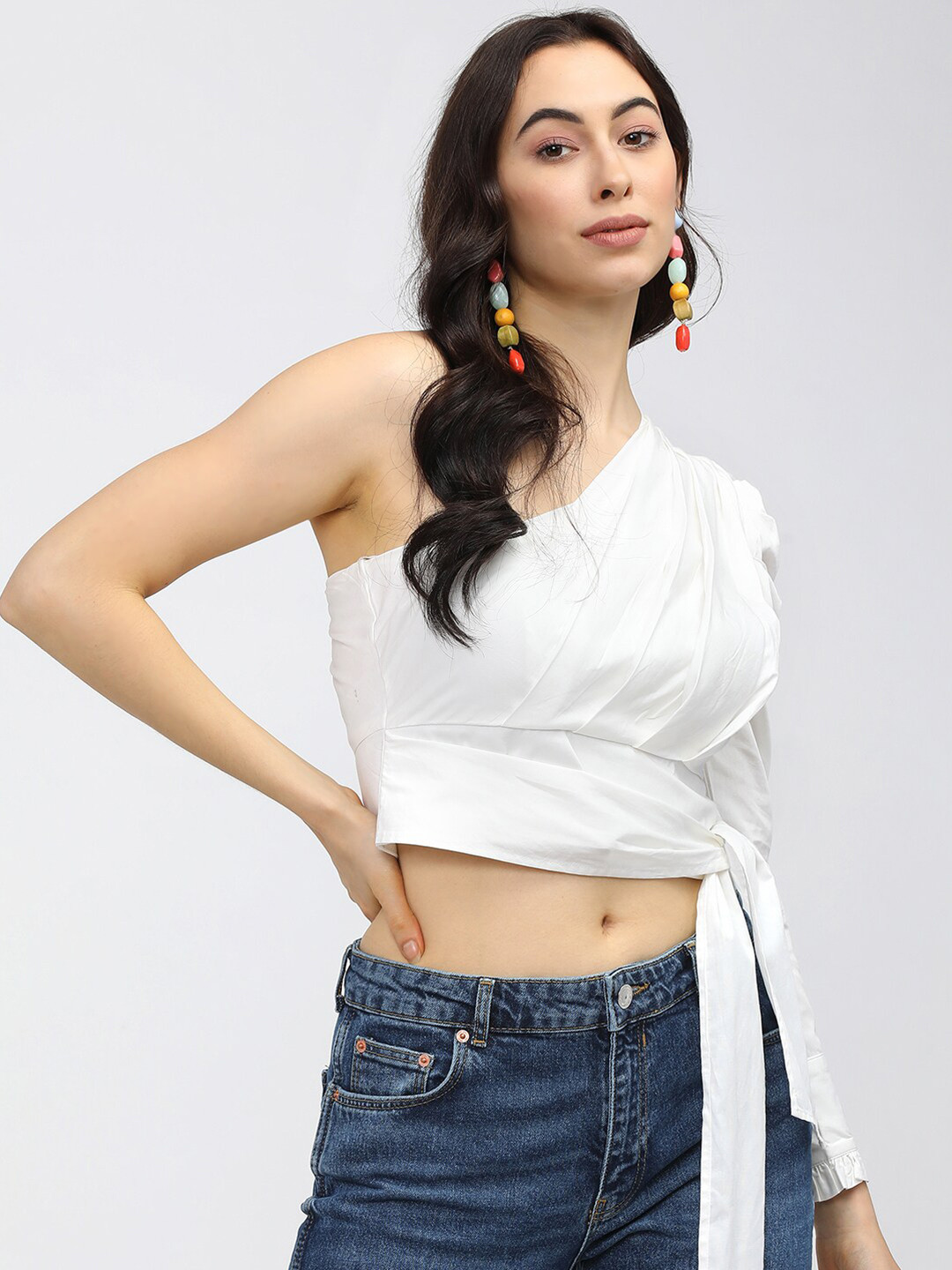 Tokyo Talkies White One Shoulder Wrap Crop Top