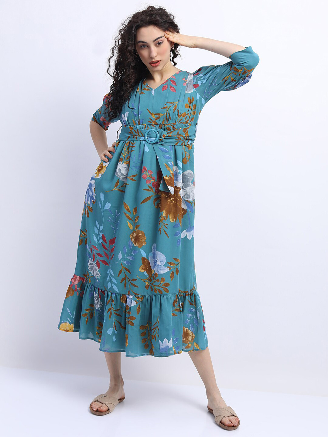 Tokyo Talkies Women Blue & Brown Floral Belted Empire Midi Dress