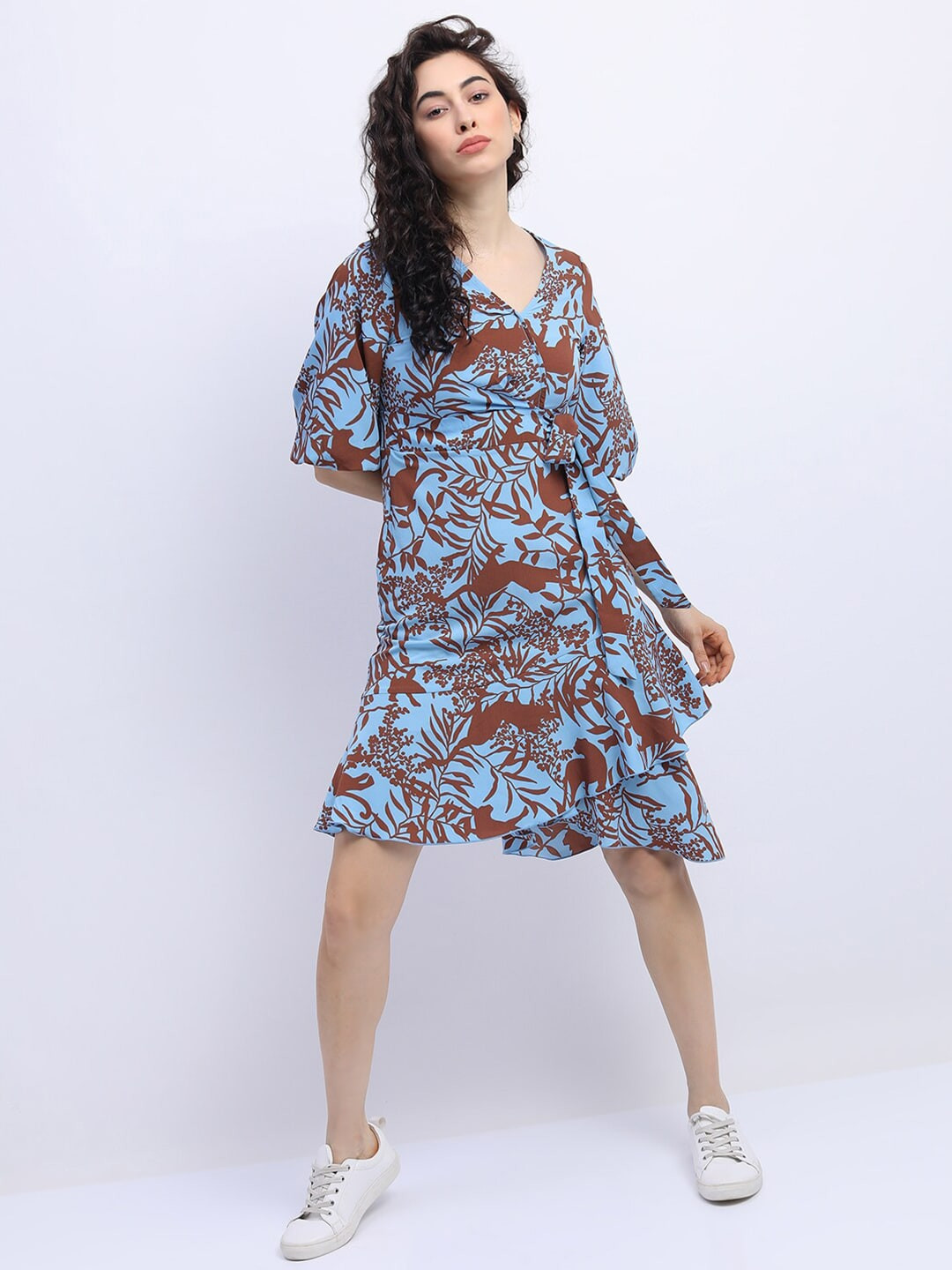 Tokyo Talkies Women Blue & Brown Floral Wrap Dress