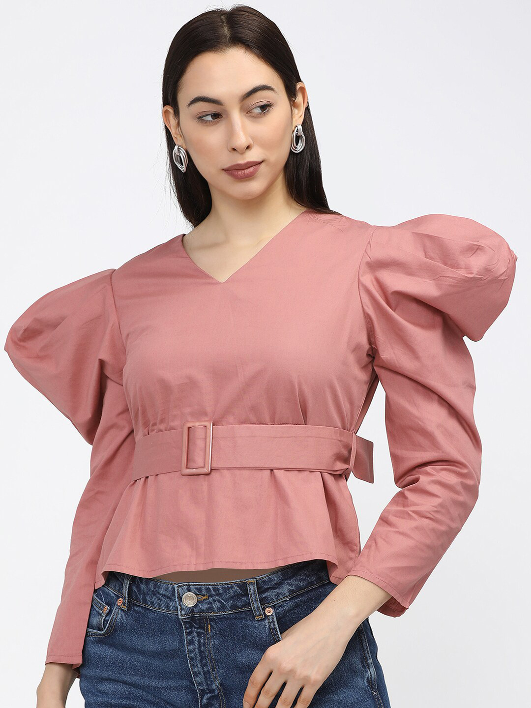 CHIC BY TOKYO TALKIES Pink Belted Pure Cotton Cinched Waist Top