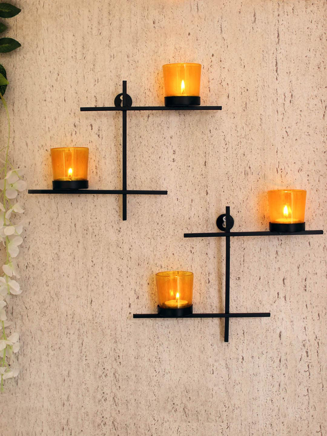 TIED RIBBONS Set of 2 Yellow & Black Wall Hanging Tealight Candle Holder with 4 Glass Votive