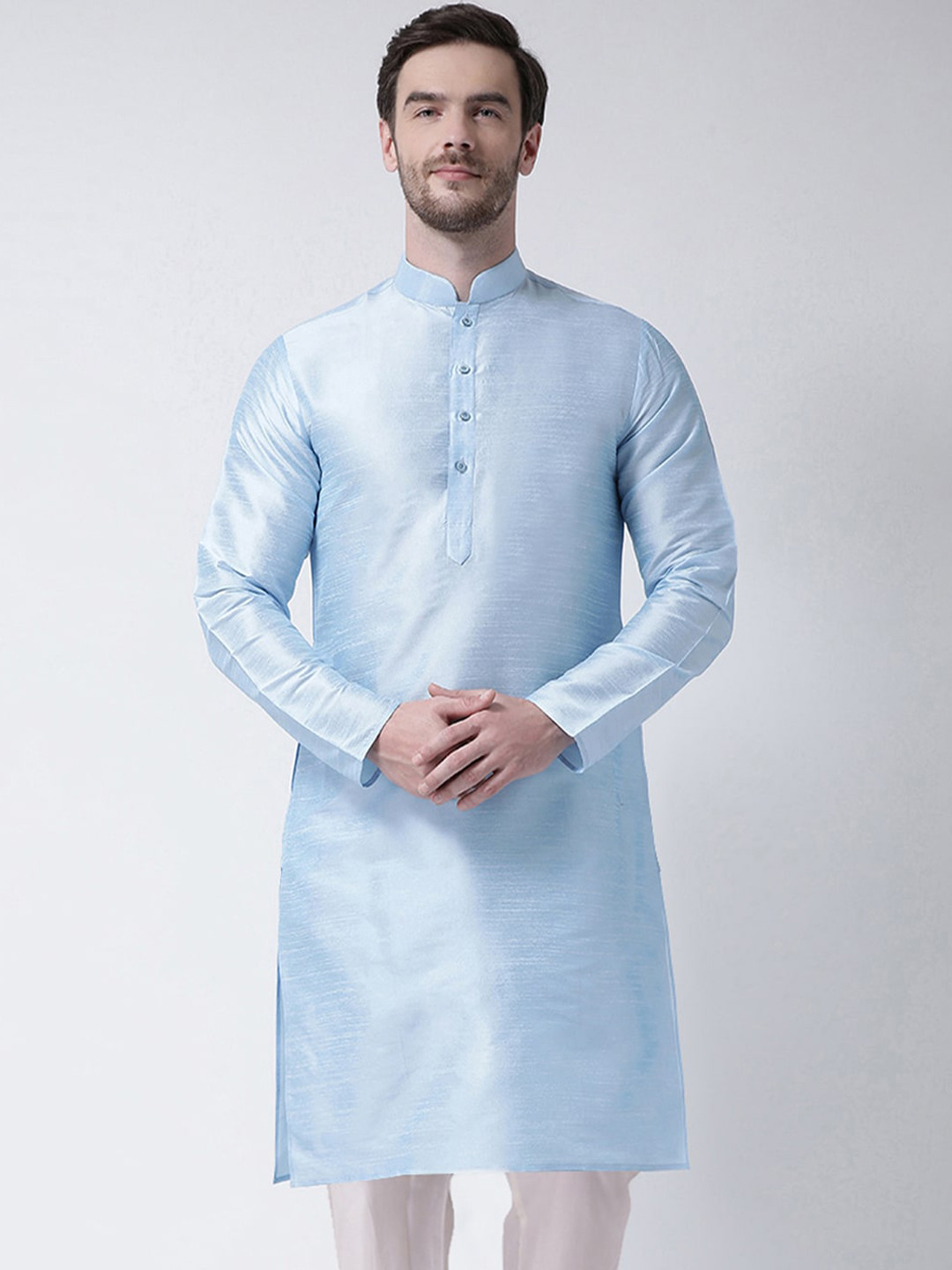 SG LEMAN Men Turquoise Blue Raw Silk Kurta