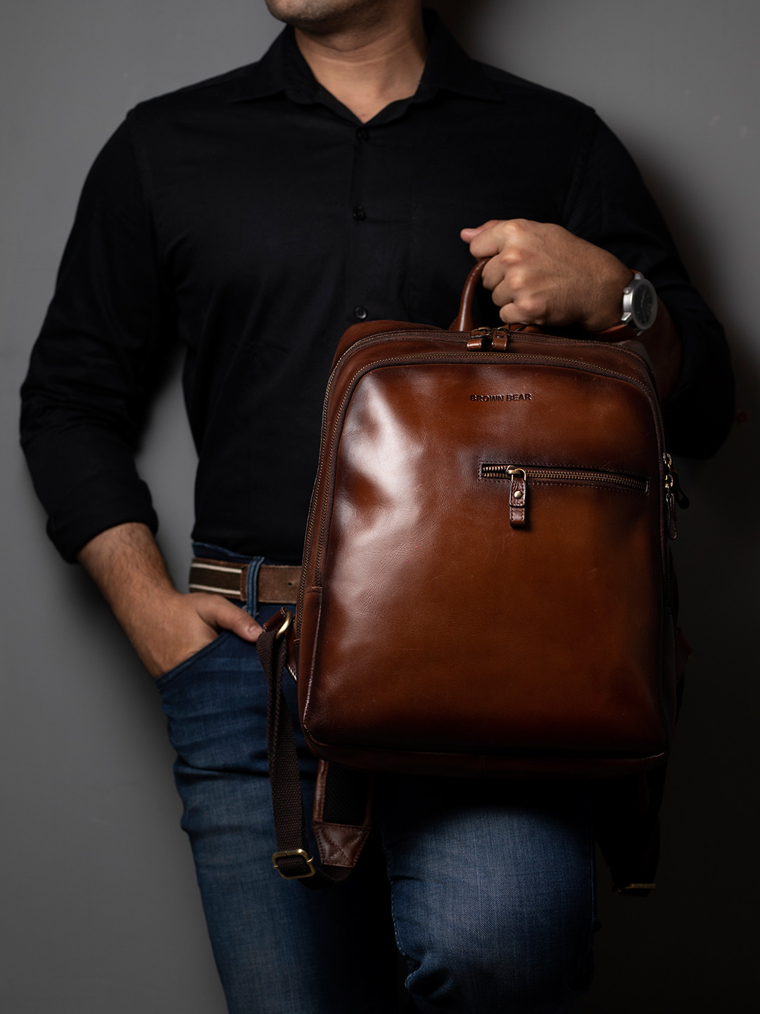 BROWN BEAR Unisex Brown Solid Leather Backpack