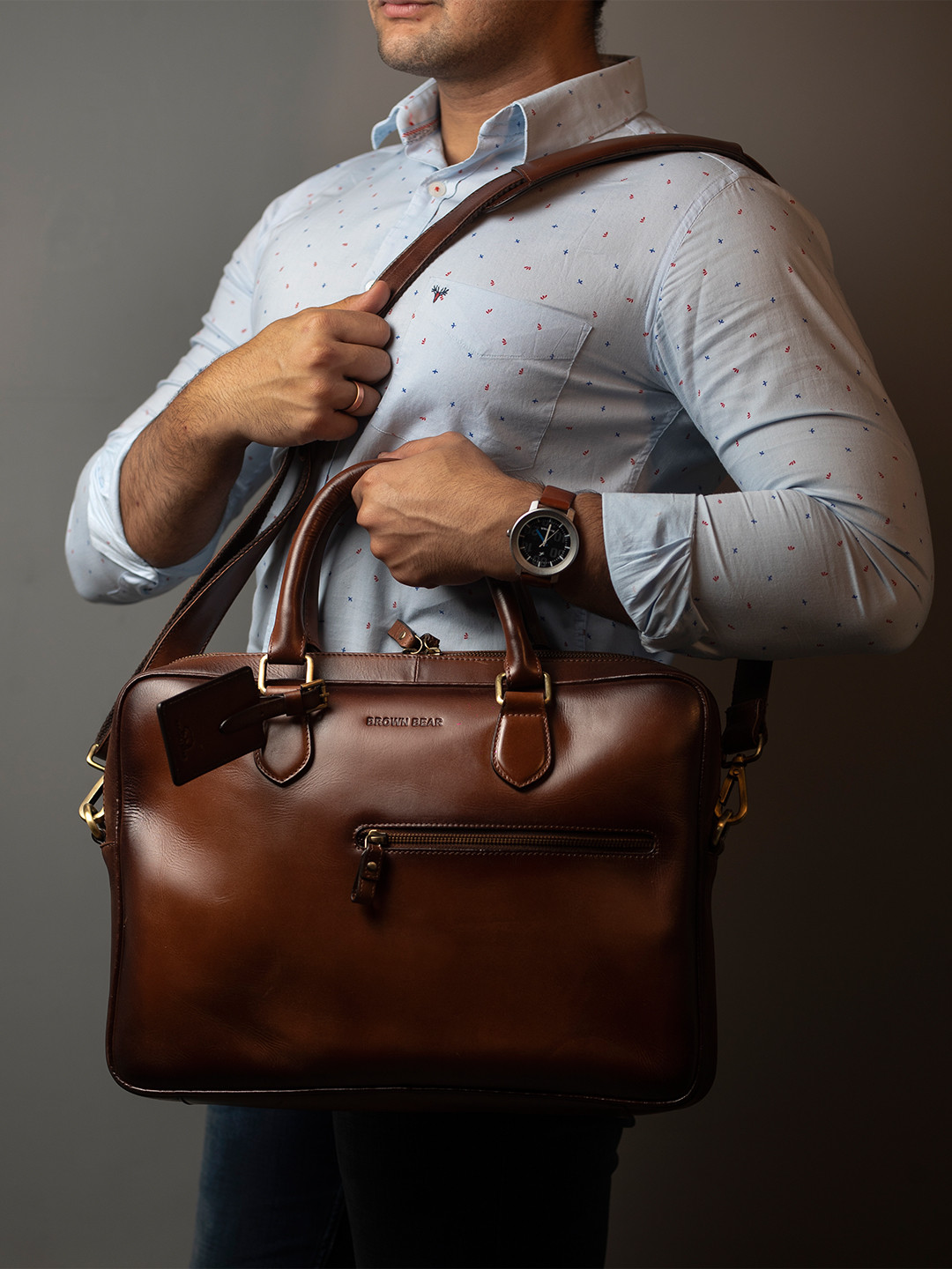 BROWN BEAR Unisex Brown Solid 17 inch Leather Laptop Bag