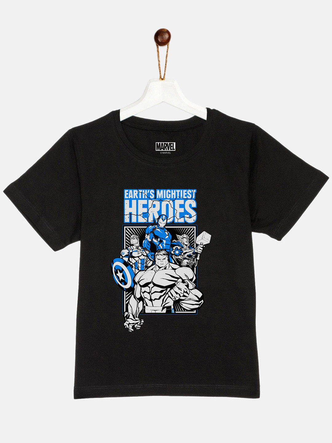 YK Marvel Boys Black Marvel Avengers Printed Pure Cotton T-shirt