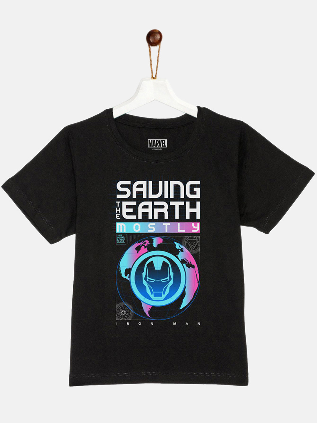 YK Marvel Boys Black Iron Man Typography Printed Pure Cotton T-shirt