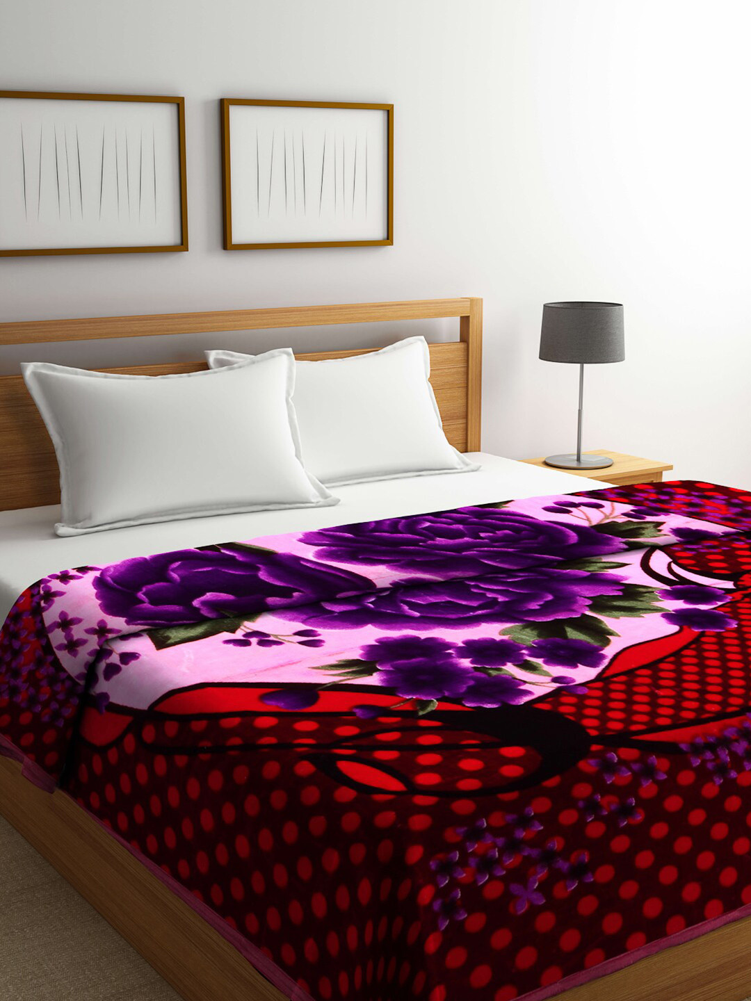 Arrabi Red & Purple Floral Mild 950 GSM Winter Double Bed Blanket