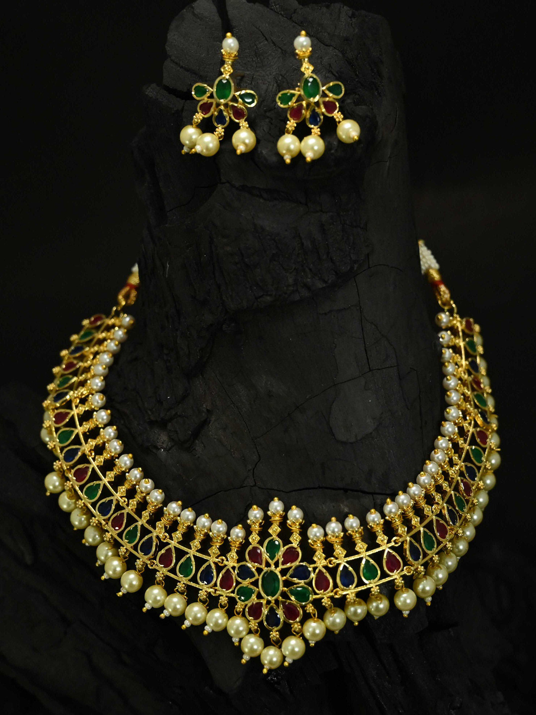 justpeachy Gold-Plated Red & Green Stone-Studded Jewellery Set